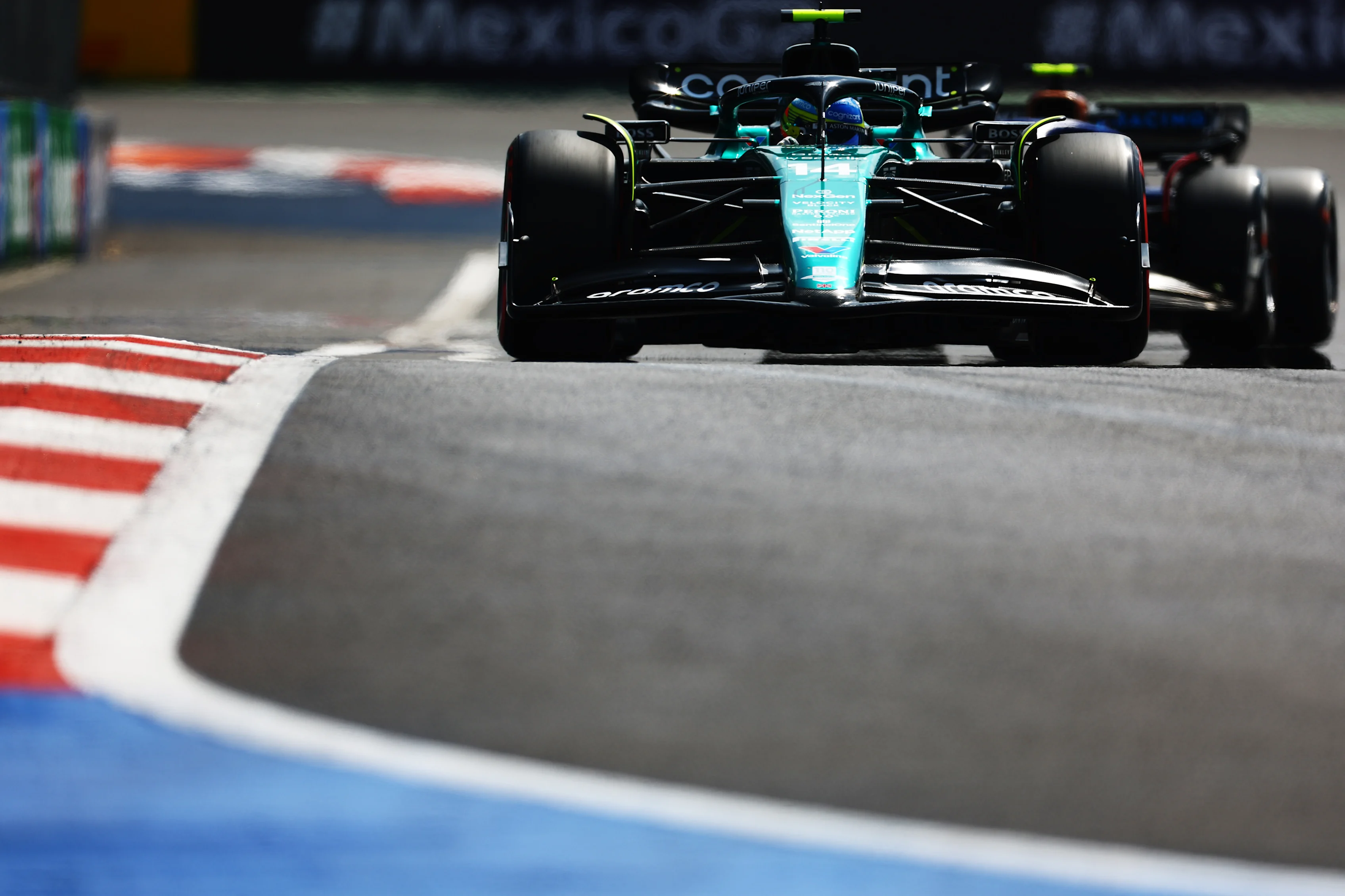 MEXICO CITY, MEXICO - OCTOBER 27: Fernando Alonso of Spain driving the (14) Aston Martin AMR23 Mercedes on track  during practice ahead of the F1 Grand Prix of Mexico at Autodromo Hermanos Rodriguez on October 27, 2023 in Mexico City, Mexico. (Photo by Mark Thompson/Getty Images)