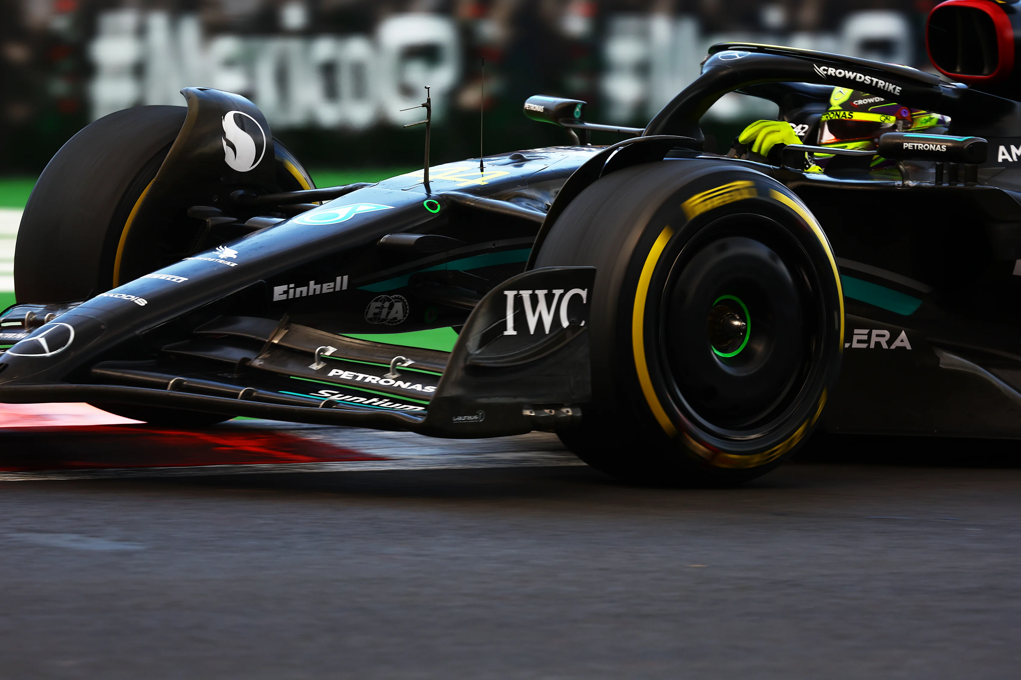 MEXICO CITY, MEXICO - OCTOBER 27: Lewis Hamilton of Great Britain driving the (44) Mercedes AMG Petronas F1 Team W14 on track during practice ahead of the F1 Grand Prix of Mexico at Autodromo Hermanos Rodriguez on October 27, 2023 in Mexico City, Mexico. (Photo by Mark Thompson/Getty Images)