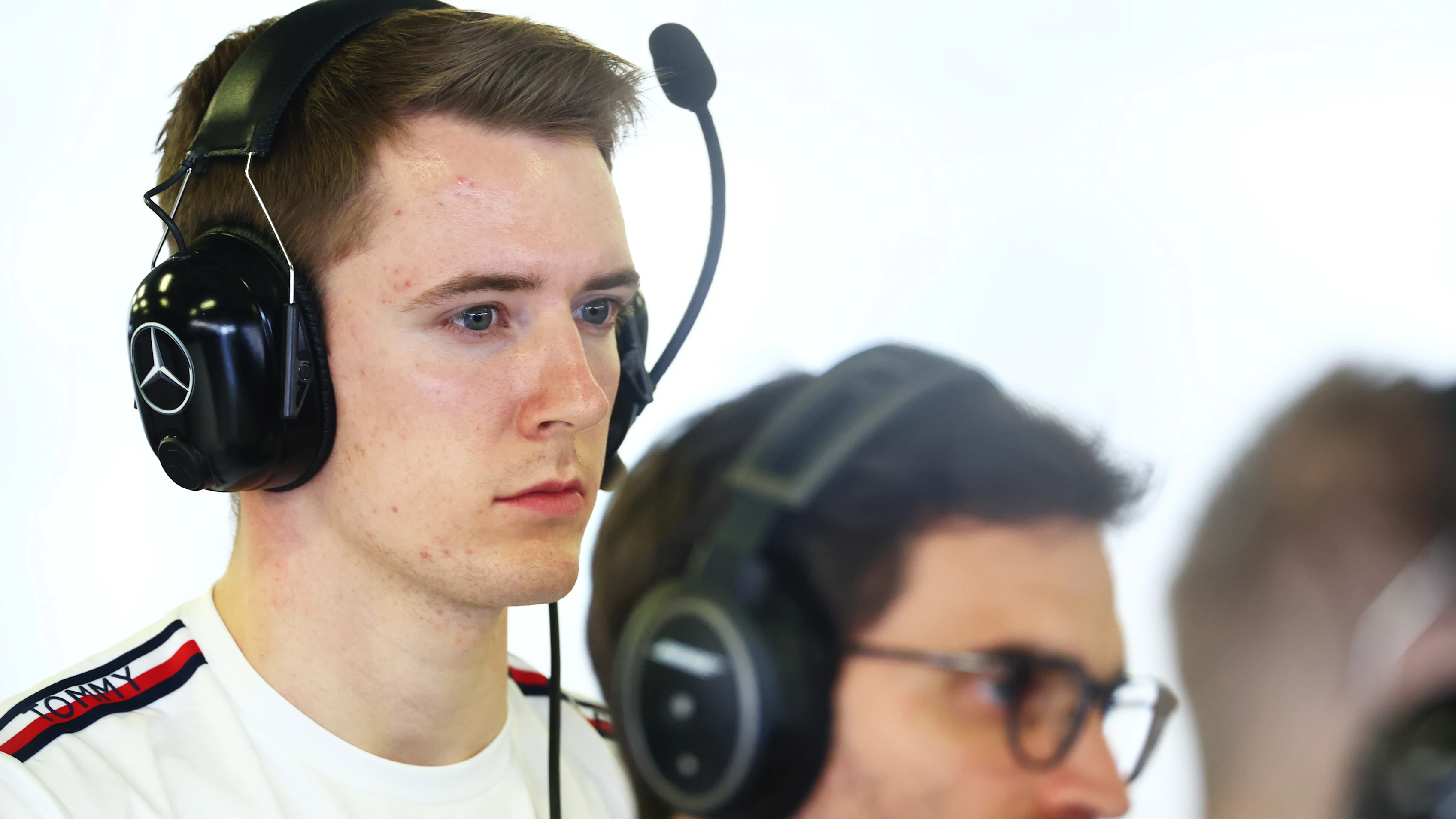 MEXICO CITY, MEXICO - OCTOBER 28: Frederik Vesti of Denmark and Mercedes  looks on in the garage