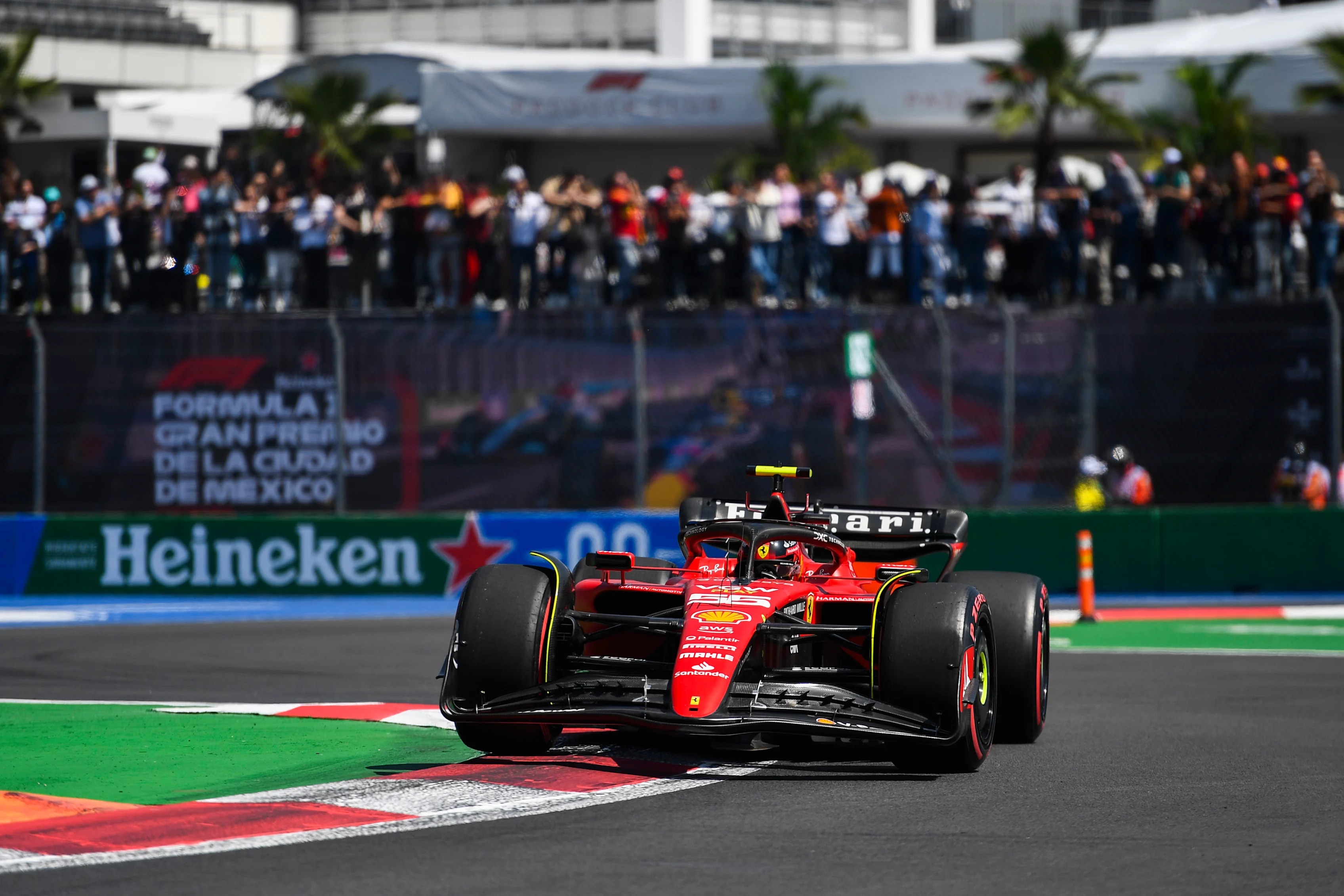 MEXICO CITY, MEXICO - OCTOBER 28: Carlos Sainz of Spain driving (55) the Ferrari SF-23 on track