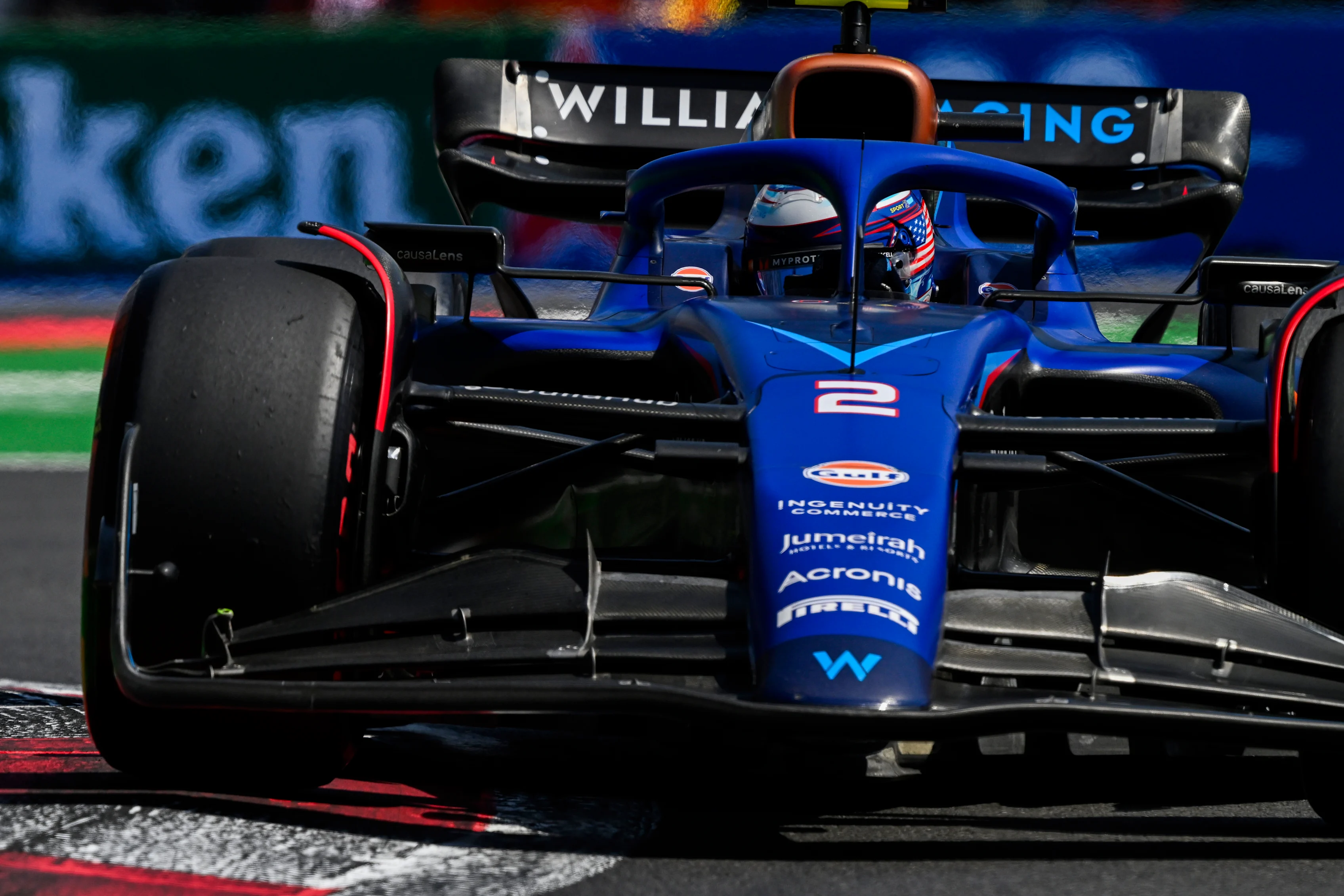 MEXICO CITY, MEXICO - OCTOBER 28: Logan Sargeant of United States driving the (2) Williams FW45