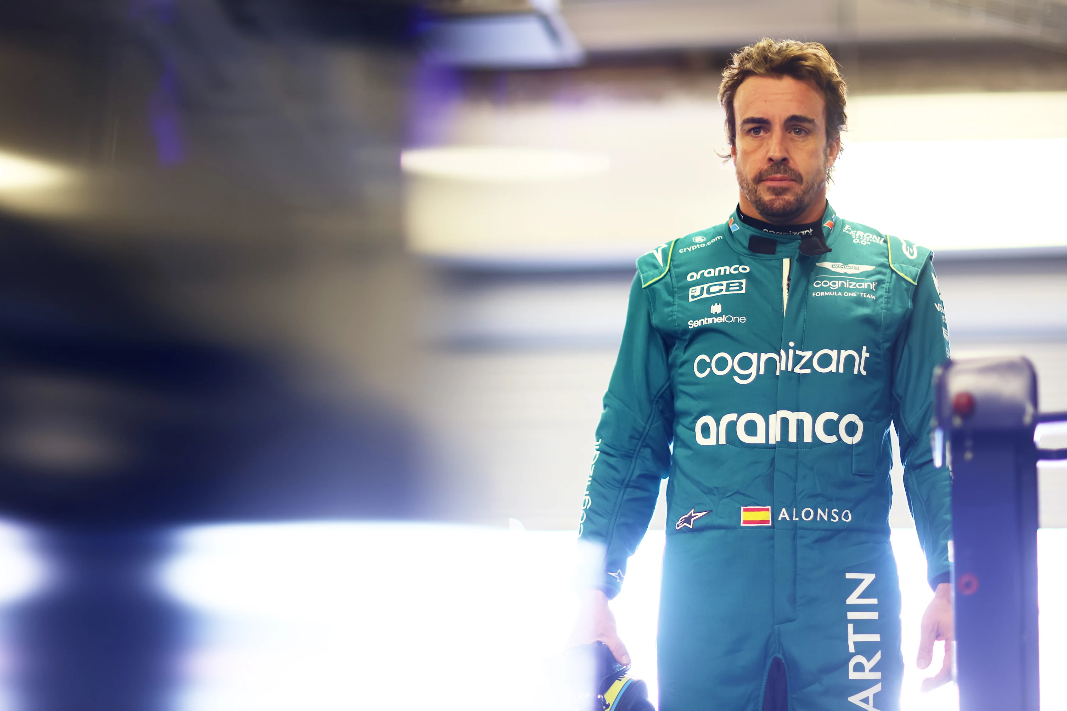 MEXICO CITY, MEXICO - OCTOBER 28: Fourteenth placed qualifier Fernando Alonso of Spain and Aston Martin F1 Team looks on in the FIA Garage during qualifying ahead of the F1 Grand Prix of Mexico at Autodromo Hermanos Rodriguez on October 28, 2023 in Mexico City, Mexico. (Photo by Dan Istitene - Formula 1/Formula 1 via Getty Images)