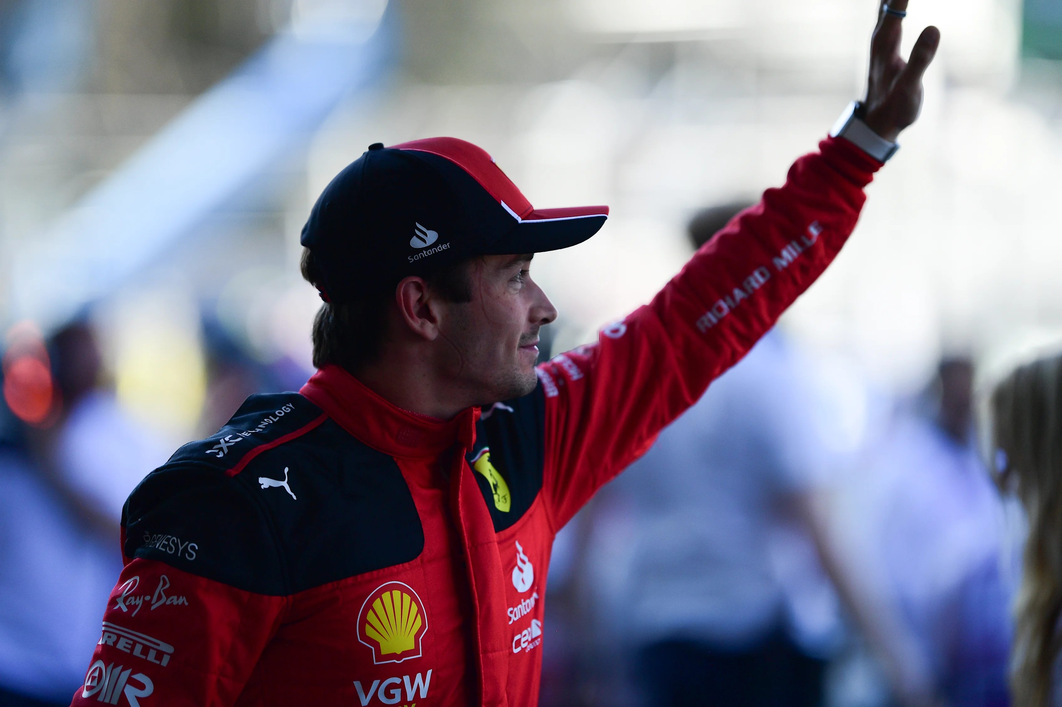 MEXICO CITY, MEXICO - OCTOBER 28: Pole position qualifier Charles Leclerc of Monaco and Ferrari celebrates in parc ferme during qualifying ahead of the F1 Grand Prix of Mexico at Autodromo Hermanos Rodriguez on October 28, 2023 in Mexico City, Mexico. (Photo by Mario Renzi - Formula 1/Formula 1 via Getty Images)