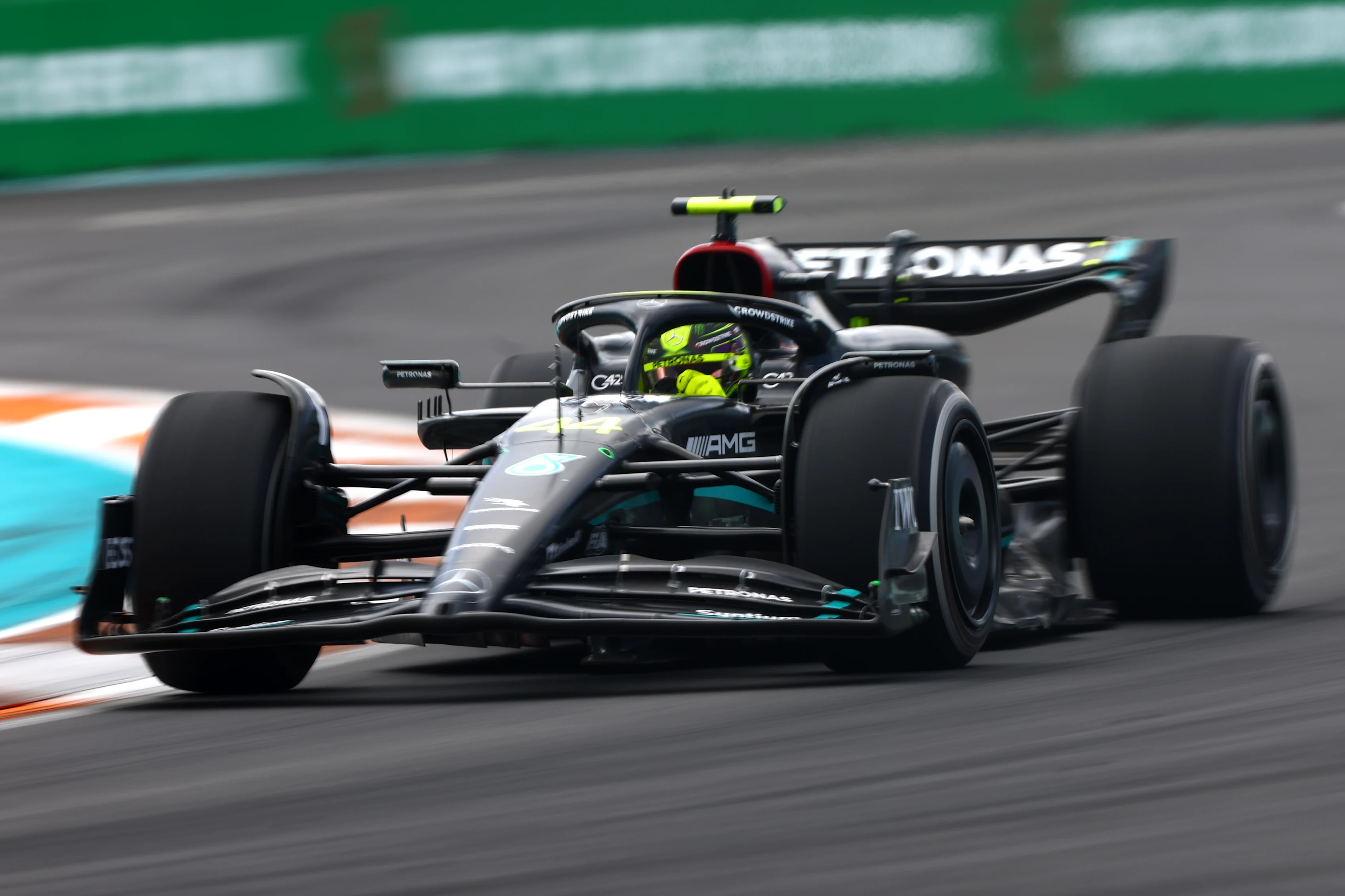 MIAMI, FLORIDA - MAY 07: Lewis Hamilton of Great Britain driving the (44) Mercedes AMG Petronas F1 Team W14 on track during the F1 Grand Prix of Miami at Miami International Autodrome on May 07, 2023 in Miami, Florida. (Photo by Mark Thompson/Getty Images)