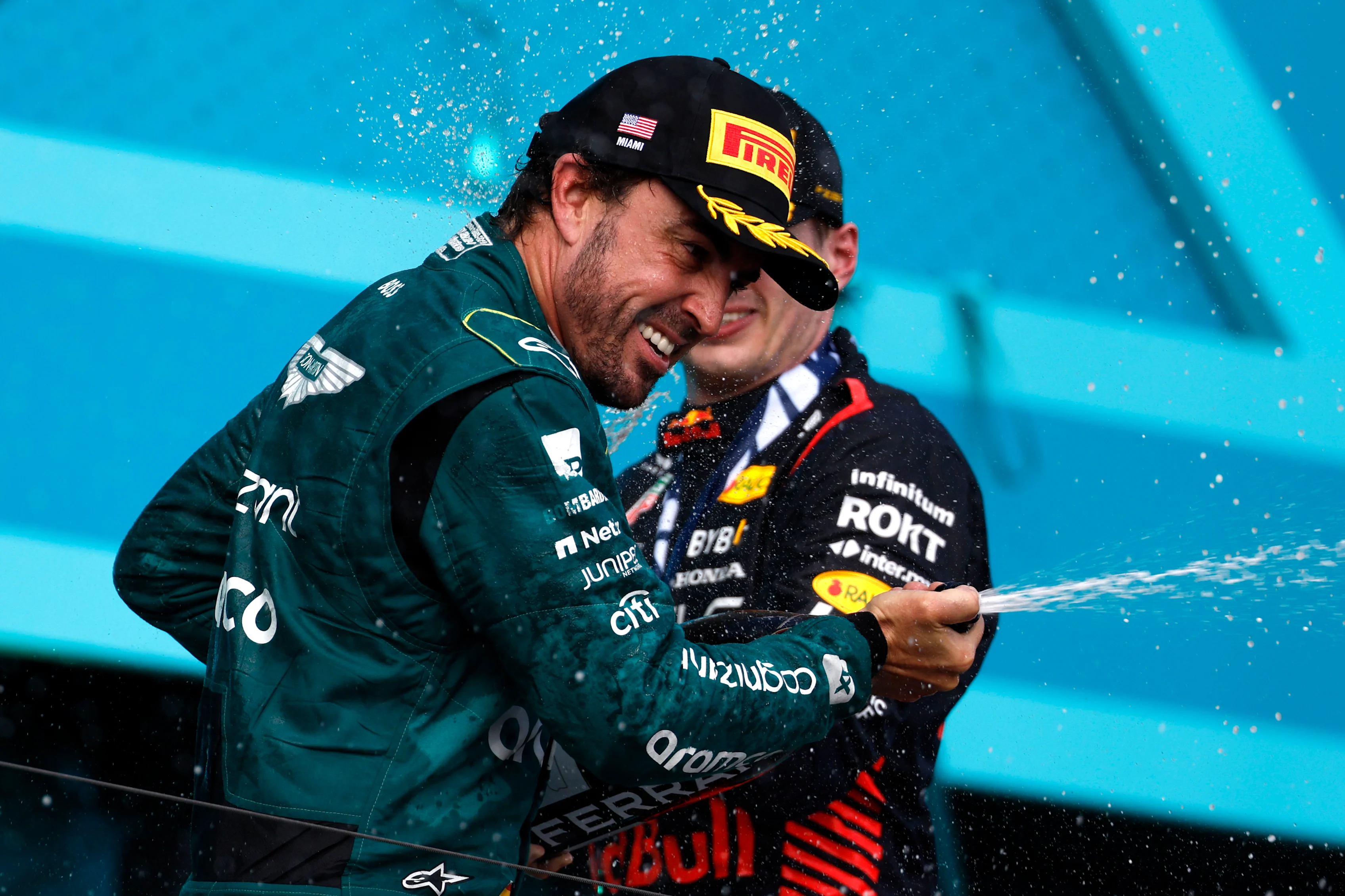 MIAMI, FLORIDA - MAY 07: Third placed Fernando Alonso of Spain and Aston Martin F1 Team celebrates on the podium during the F1 Grand Prix of Miami at Miami International Autodrome on May 07, 2023 in Miami, Florida. (Photo by Chris Graythen/Getty Images)