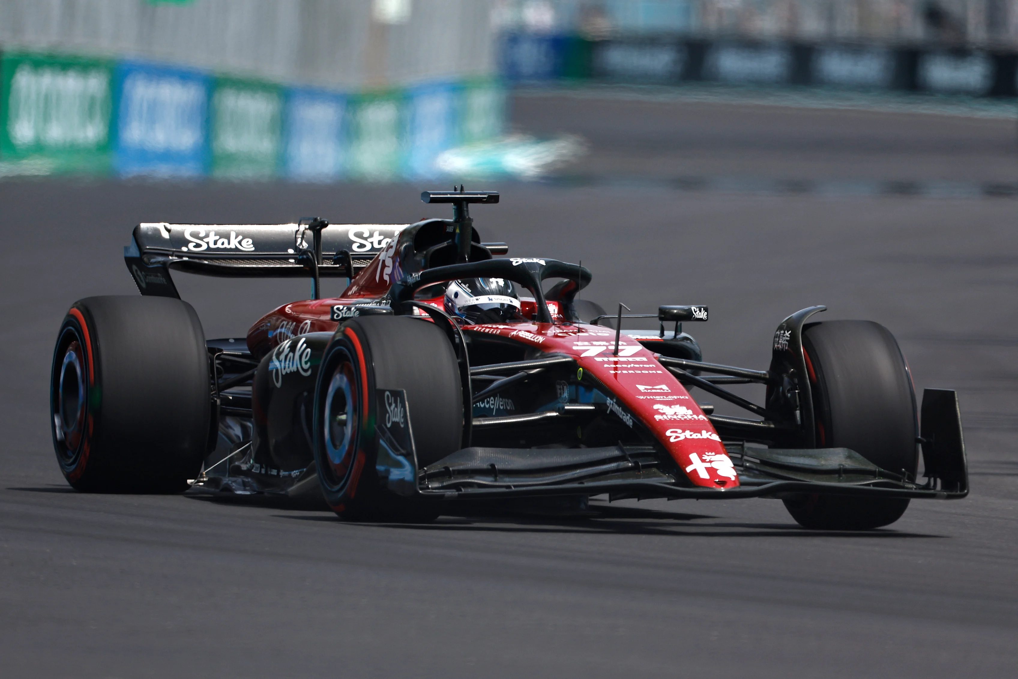 MIAMI, FLORIDA - MAY 05: Valtteri Bottas of Finland driving the (77) Alfa Romeo F1 C43 Ferrari on track during practice ahead of the F1 Grand Prix of Miami at Miami International Autodrome on May 05, 2023 in Miami, Florida. (Photo by Chris Graythen/Getty Images)