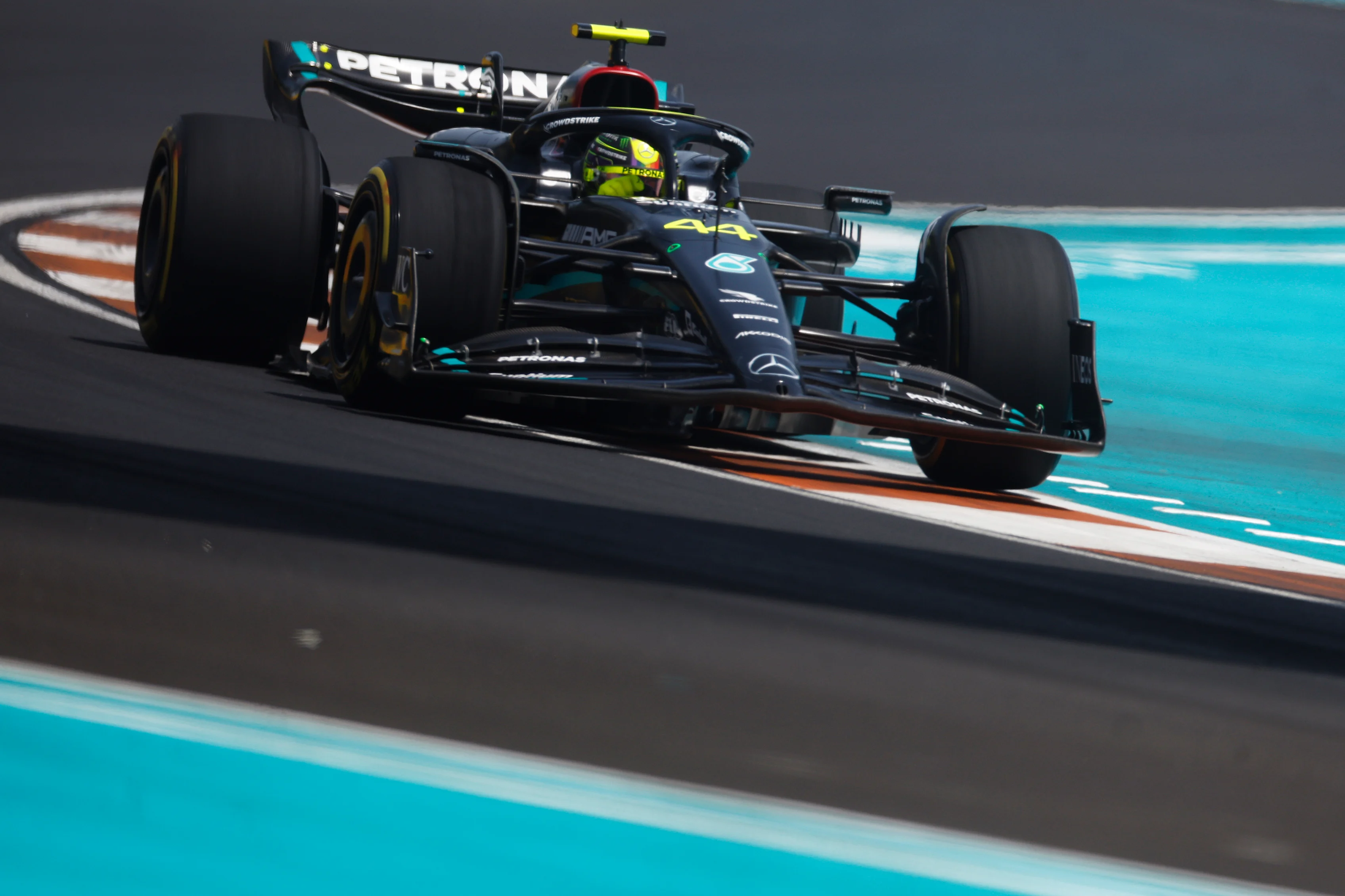 MIAMI, FLORIDA - MAY 05: Lewis Hamilton of Great Britain driving the (44) Mercedes AMG Petronas F1 Team W14 on track during practice ahead of the F1 Grand Prix of Miami at Miami International Autodrome on May 05, 2023 in Miami, Florida. (Photo by Chris Graythen/Getty Images)