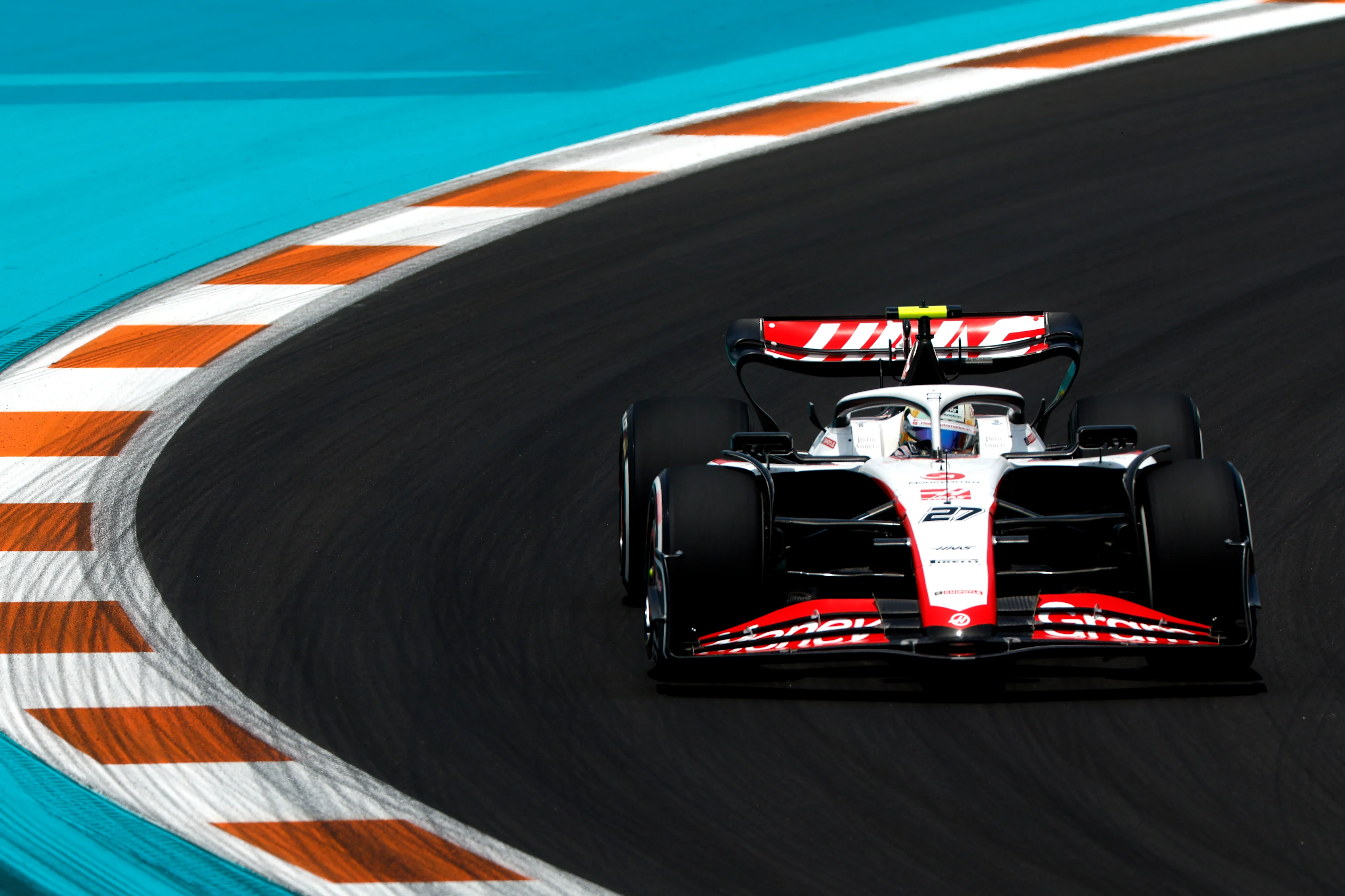 MIAMI, FLORIDA - MAY 05: Nico Hulkenberg of Germany driving the (27) Haas F1 VF-23 Ferrari on track