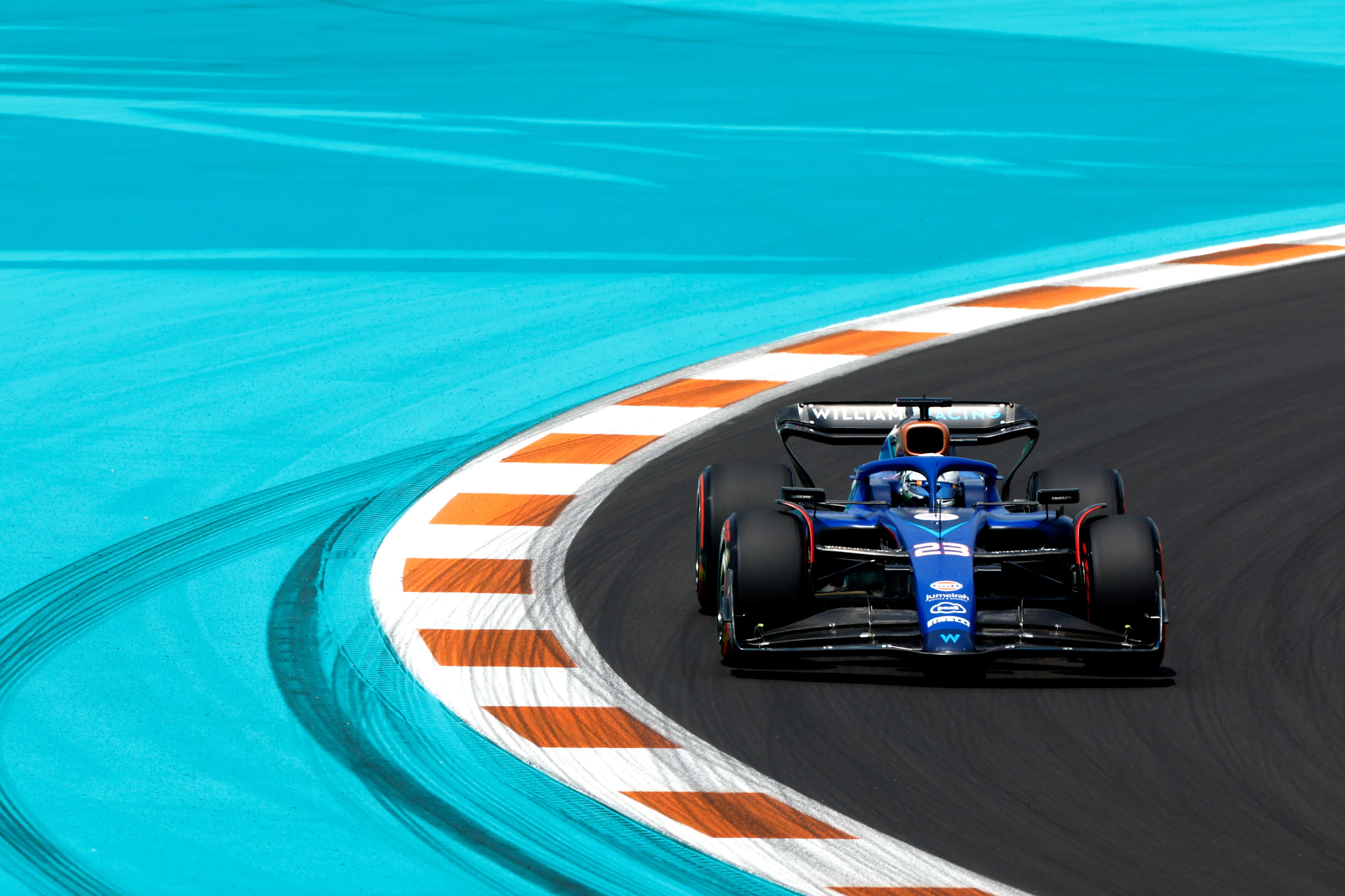 MIAMI, FLORIDA - MAY 05:  Alexander Albon of Thailand driving the (23) Williams FW45 Mercedeson track during practice ahead of the F1 Grand Prix of Miami at Miami International Autodrome on May 05, 2023 in Miami, Florida. (Photo by Chris Graythen/Getty Images)