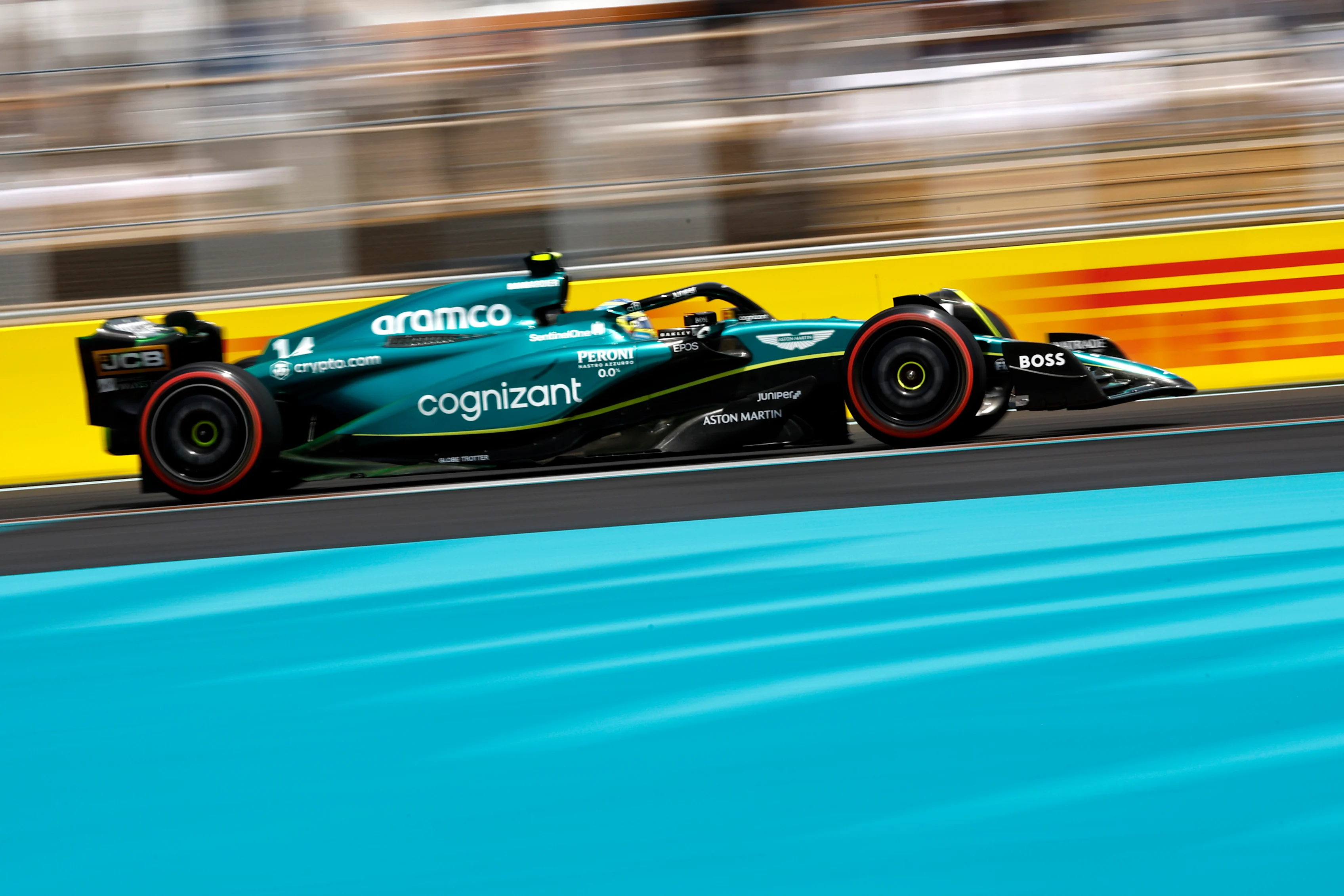MIAMI, FLORIDA - MAY 05: Fernando Alonso of Spain driving the (14) Aston Martin AMR23 Mercedes on track during practice ahead of the F1 Grand Prix of Miami at Miami International Autodrome on May 05, 2023 in Miami, Florida. (Photo by Chris Graythen/Getty Images)