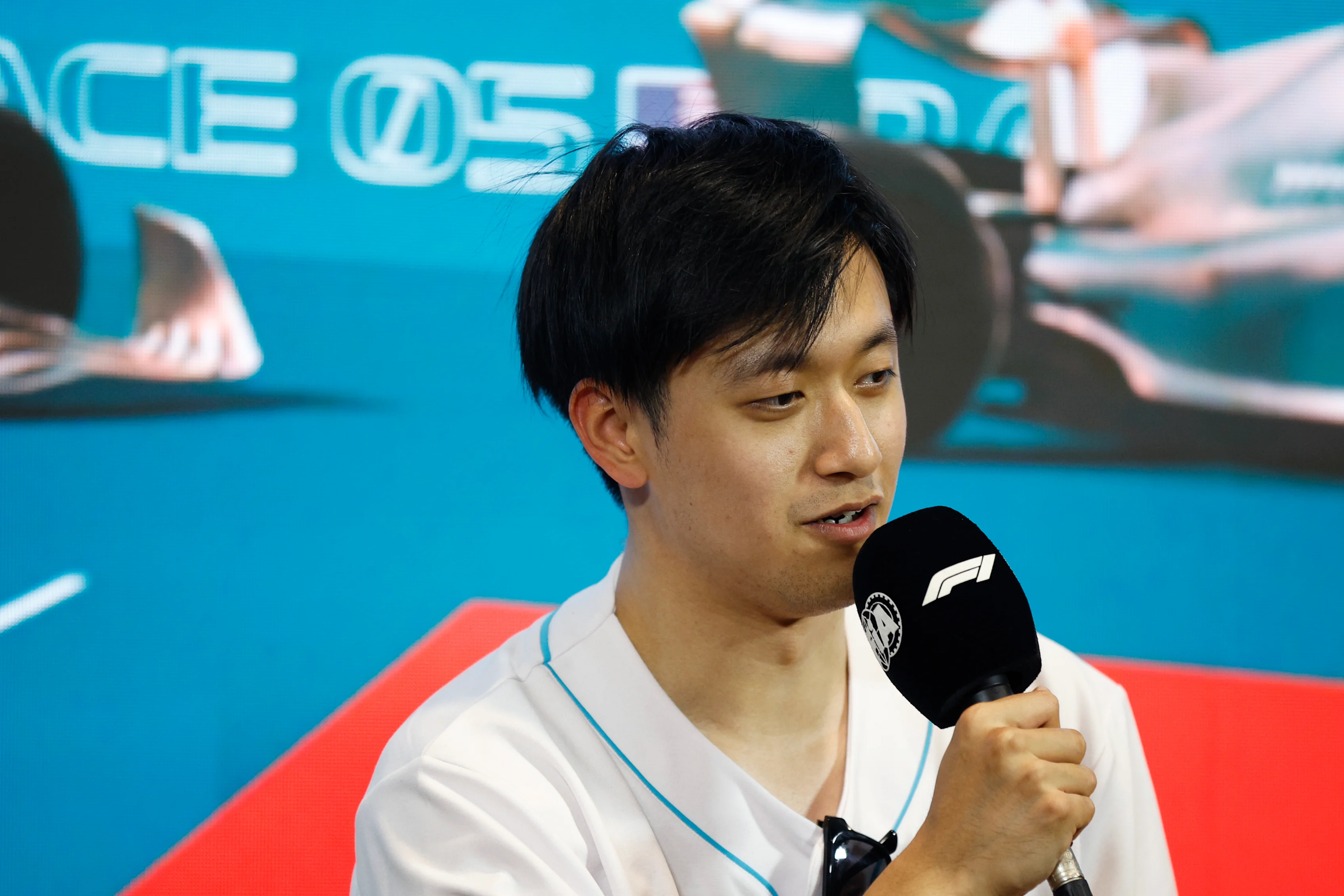 MIAMI, FLORIDA - MAY 04: Zhou Guanyu of China and Alfa Romeo F1 attends the Drivers Press Conference during previews ahead of the F1 Grand Prix of Miami at Miami International Autodrome on May 04, 2023 in Miami, Florida. (Photo by Jared C. Tilton/Getty Images)
