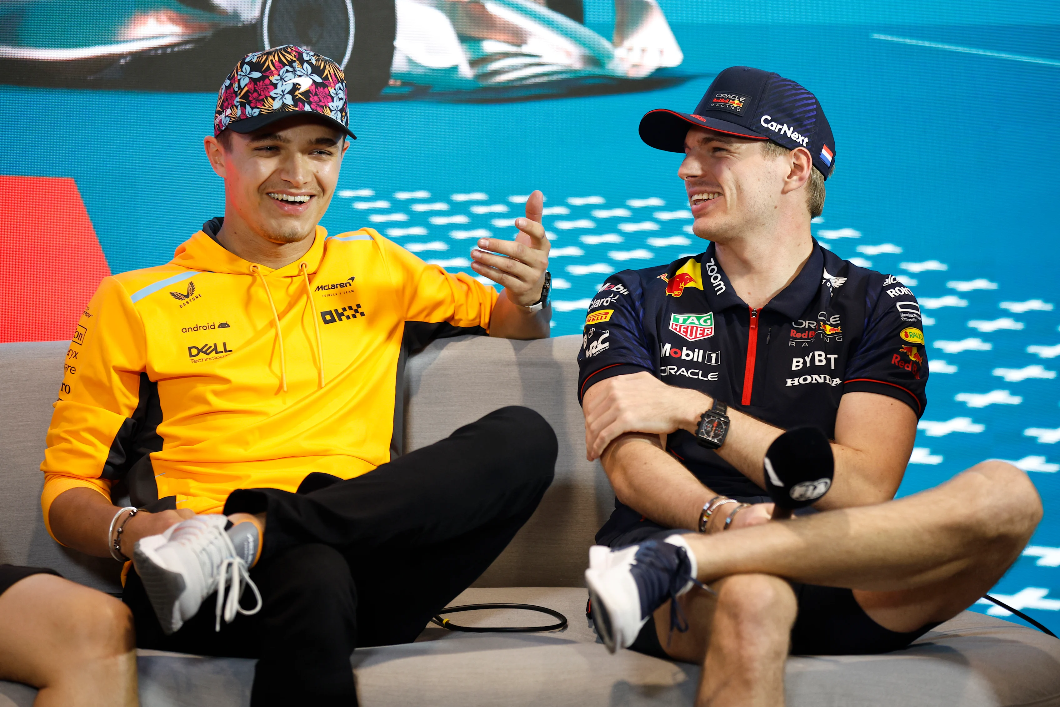 MIAMI, FLORIDA - MAY 04: Lando Norris of Great Britain and McLaren and Max Verstappen of the
