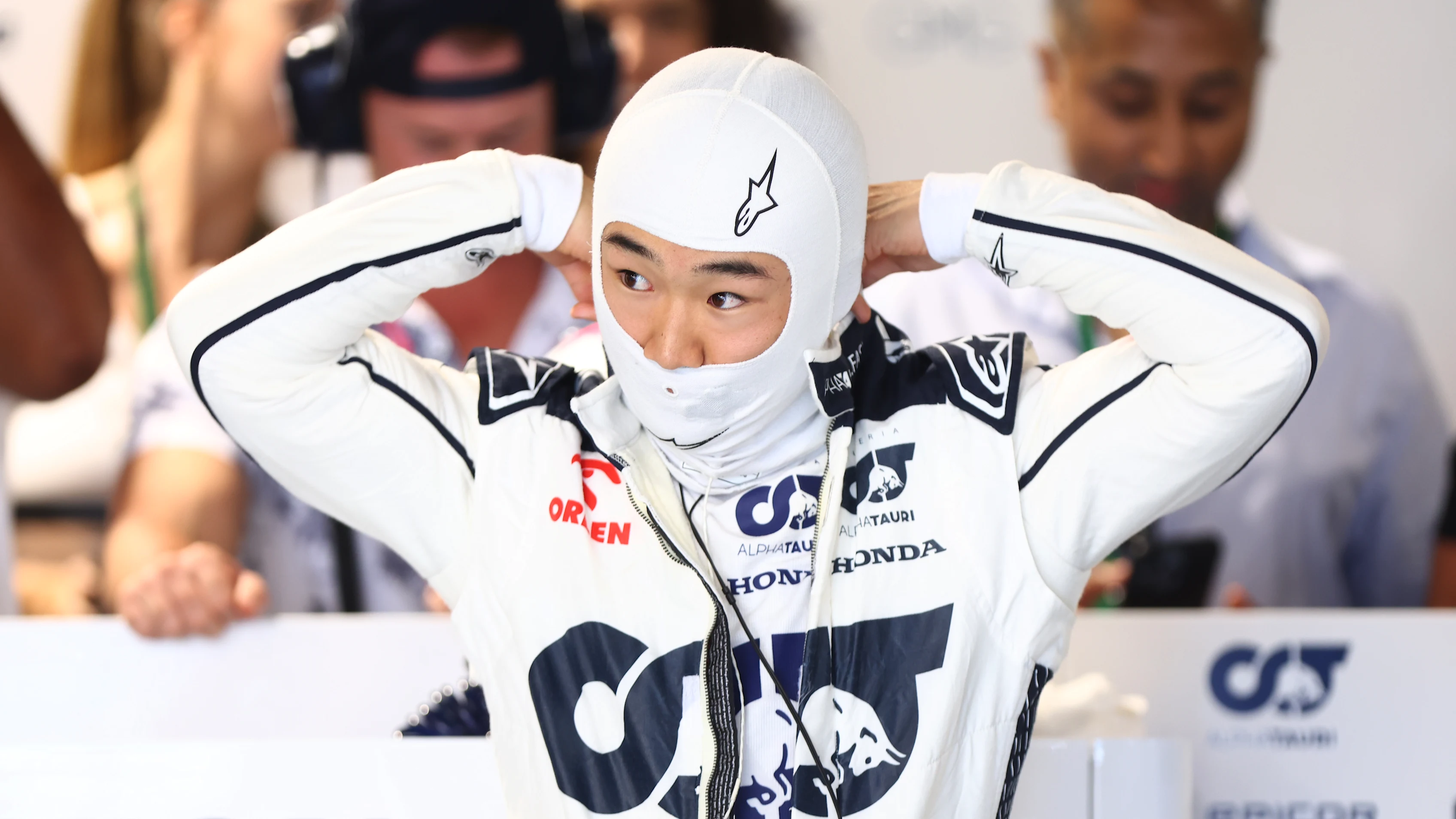 MIAMI, FLORIDA - MAY 06: Yuki Tsunoda of Japan and Scuderia AlphaTauri prepares to drive in the garage during final practice ahead of the F1 Grand Prix of Miami at Miami International Autodrome on May 06, 2023 in Miami, Florida. (Photo by Dan Istitene - Formula 1/Formula 1 via Getty Images)