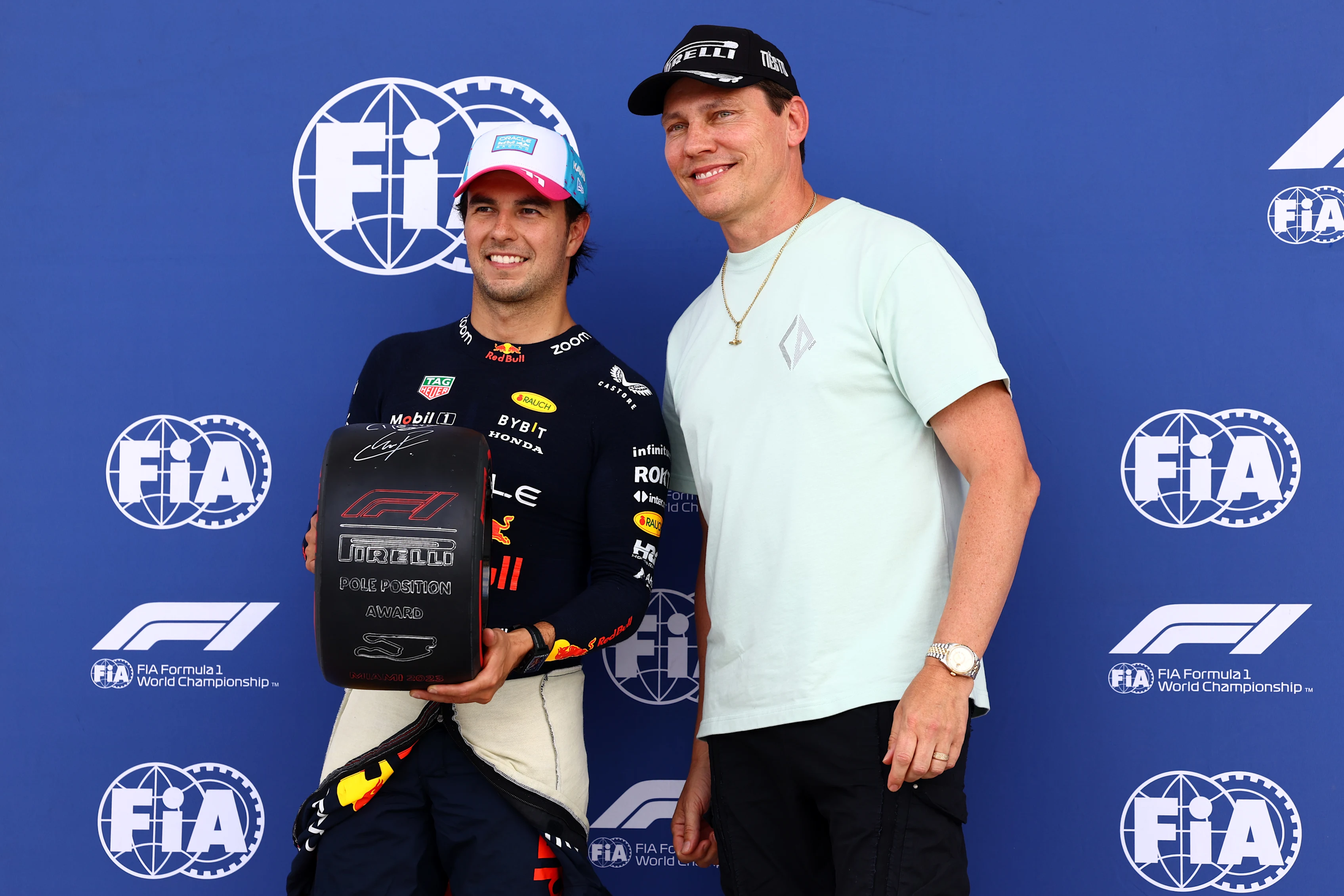 MIAMI, FLORIDA - MAY 06: Pole position qualifier Sergio Perez of Mexico and Oracle Red Bull Racing