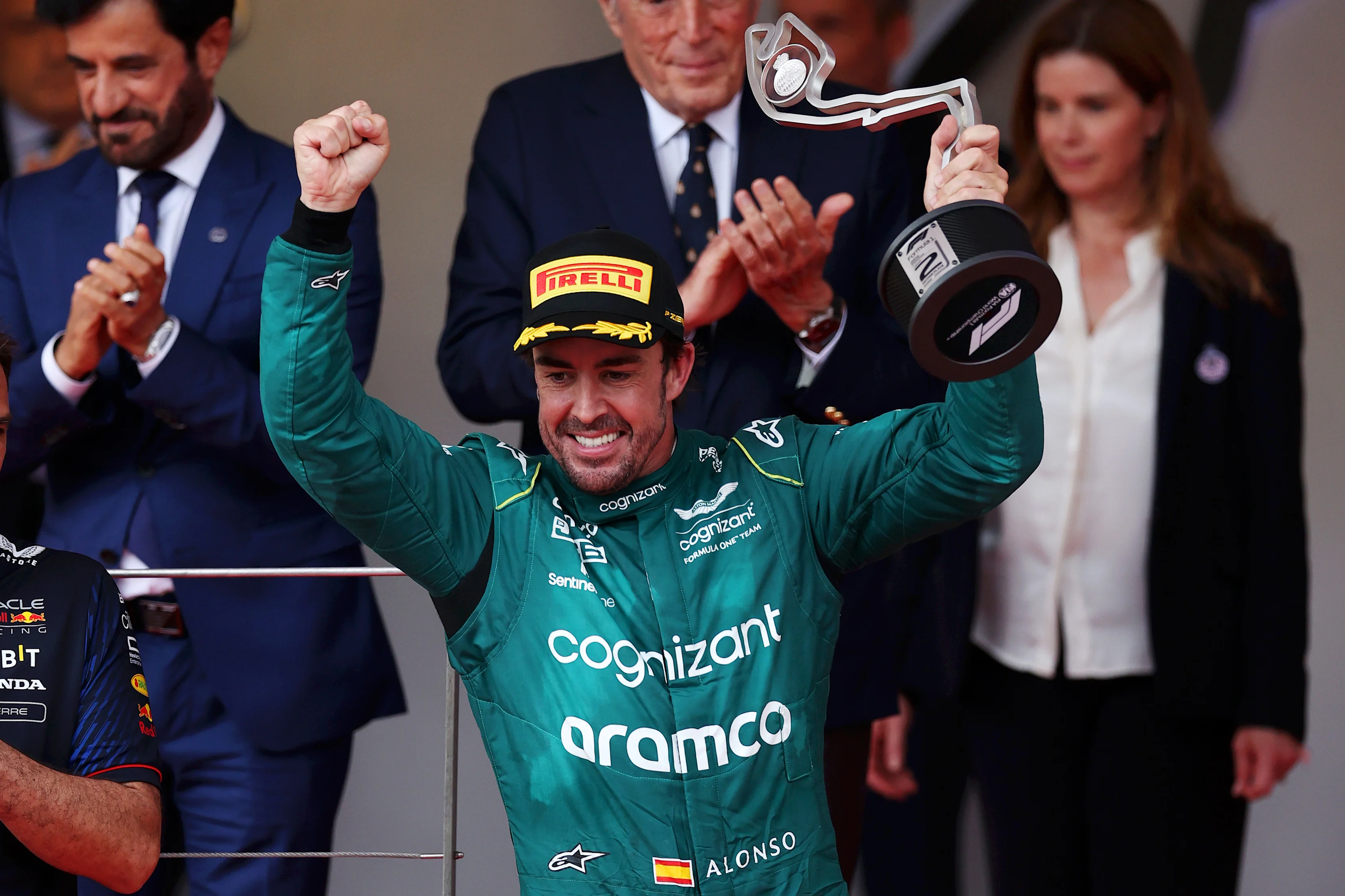MONTE-CARLO, MONACO - MAY 28: Second placed Fernando Alonso of Spain and Aston Martin F1 Team celebrates on the podium during the F1 Grand Prix of Monaco at Circuit de Monaco on May 28, 2023 in Monte-Carlo, Monaco. (Photo by Ryan Pierse/Getty Images)