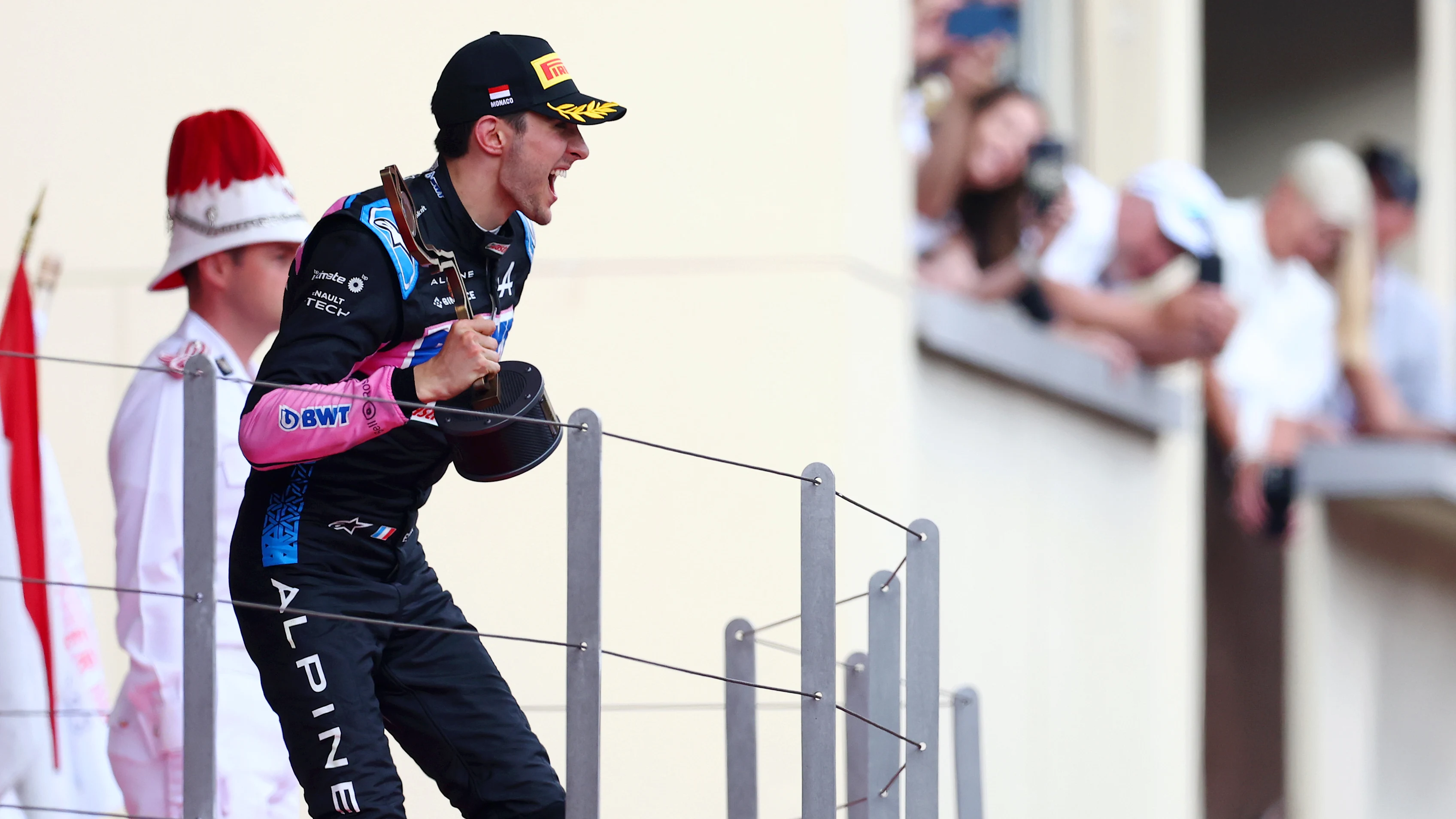 MONTE-CARLO, MONACO - MAY 28: Third placed Esteban Ocon of France and Alpine F1 celebrates on the podium during the F1 Grand Prix of Monaco at Circuit de Monaco on May 28, 2023 in Monte-Carlo, Monaco. (Photo by Dan Istitene - Formula 1/Formula 1 via Getty Images)