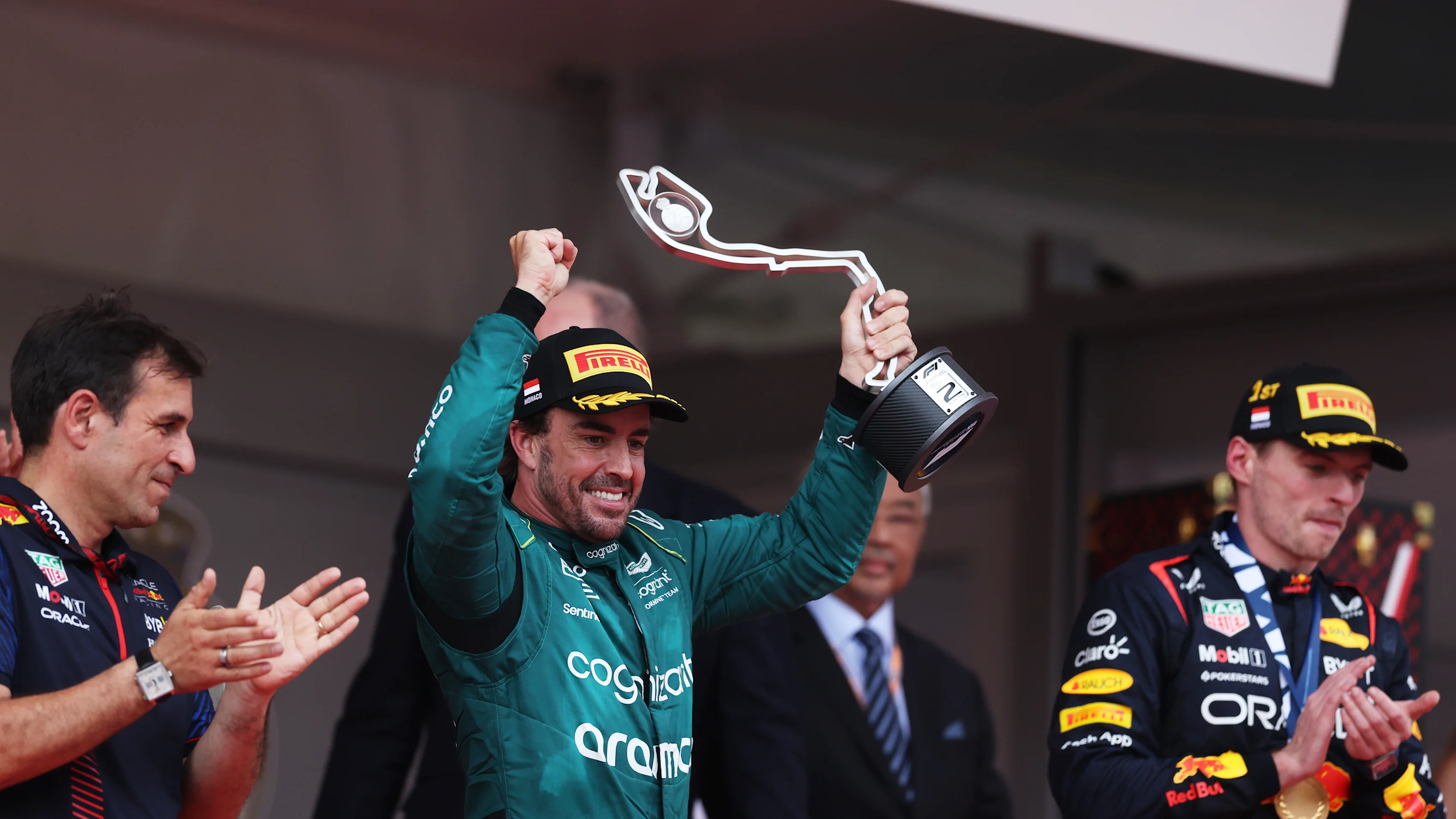 MONTE-CARLO, MONACO - MAY 28: Second placed Fernando Alonso of Spain and Aston Martin F1 Team