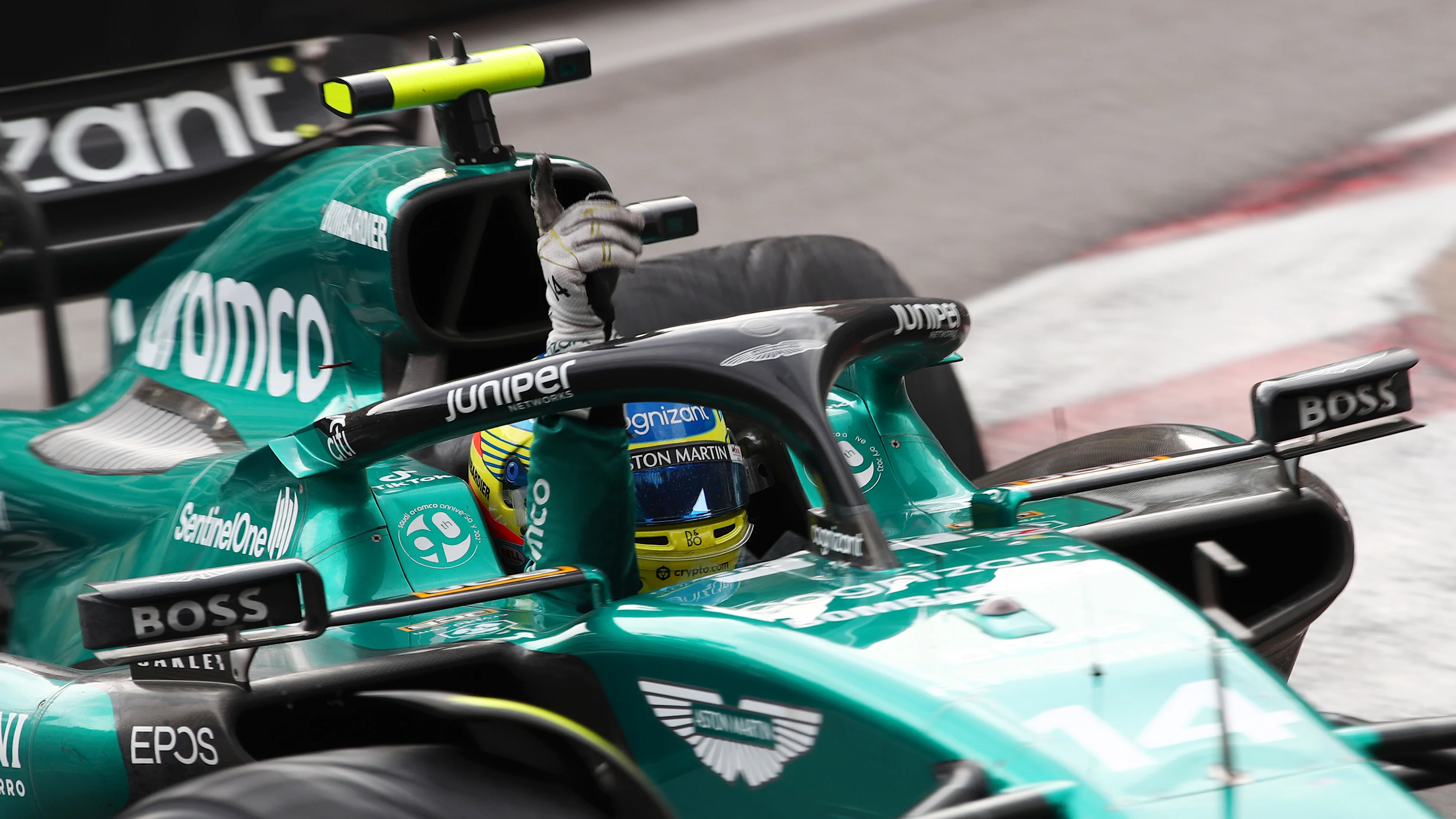 MONTE-CARLO, MONACO - MAY 28: Second placed Fernando Alonso of Spain driving the (14) Aston Martin