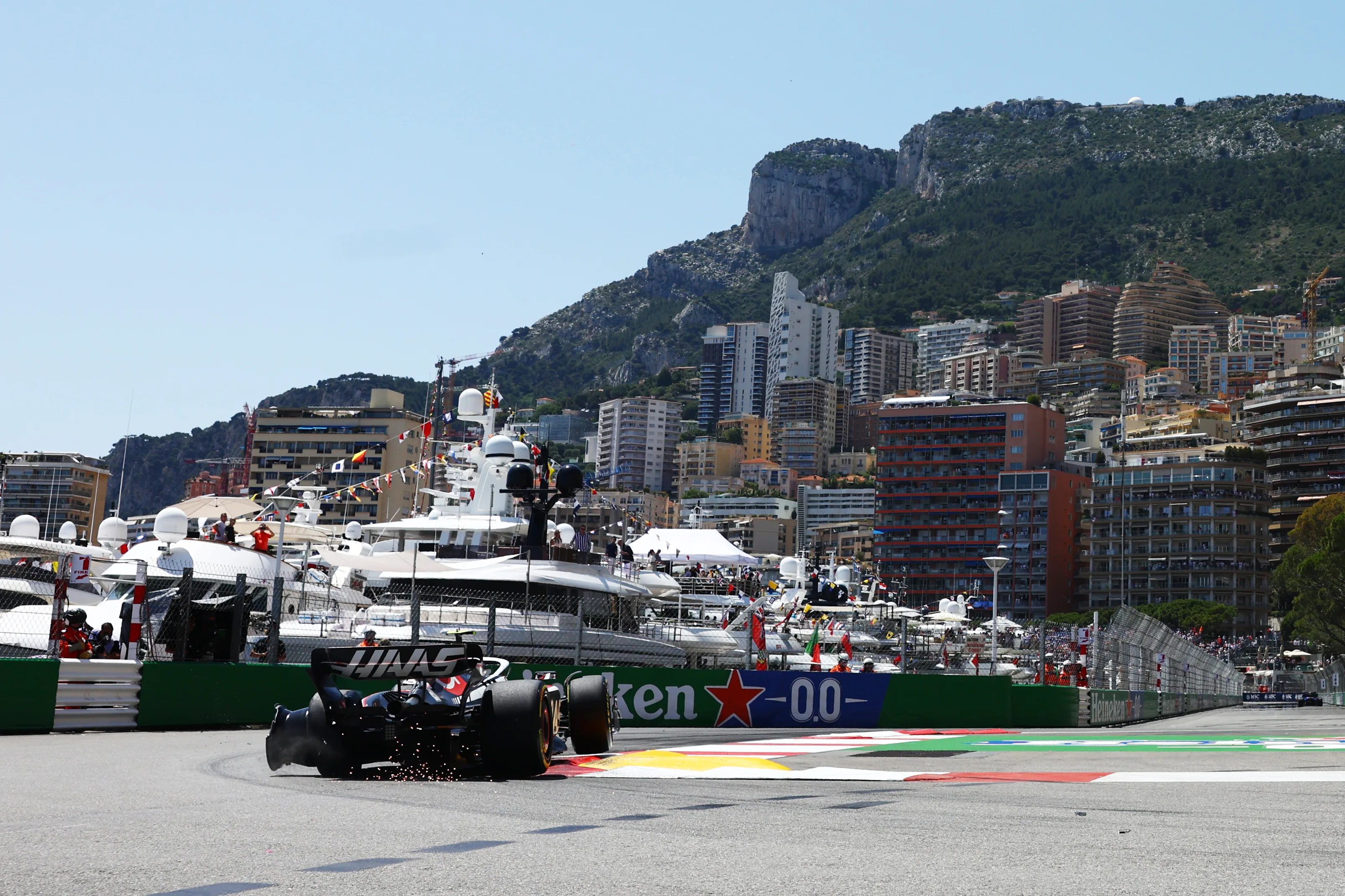 MONTE-CARLO, MONACO - MAY 26: Nico Hulkenberg of Germany driving the (27) Haas F1 VF-23 Ferrari with a broken rear wheel after a crash during practice ahead of the F1 Grand Prix of Monaco at Circuit de Monaco on May 26, 2023 in Monte-Carlo, Monaco. (Photo by Mark Thompson/Getty Images)