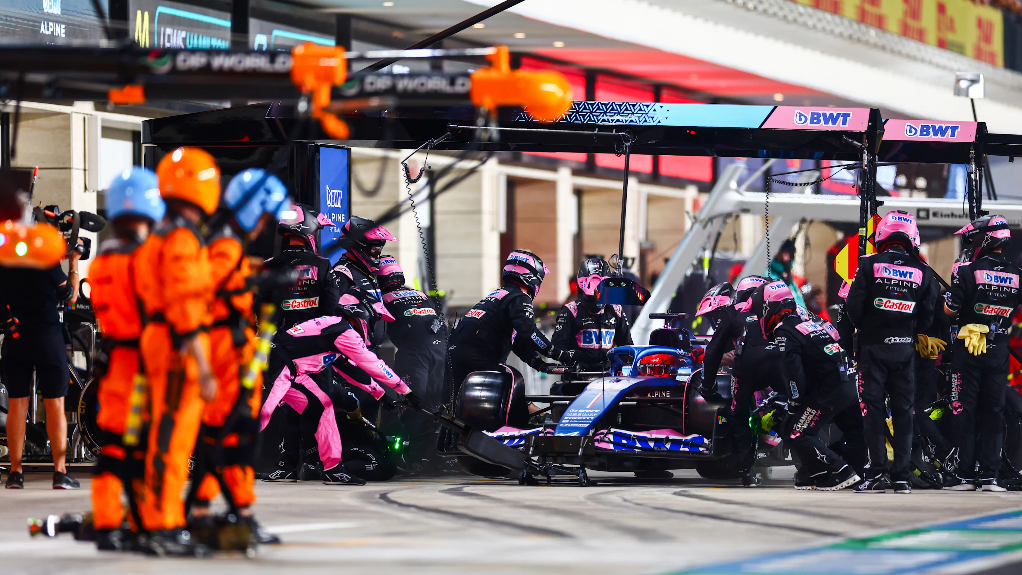 LUSAIL CITY, QATAR - OCTOBER 08: Esteban Ocon of France driving the (31) Alpine F1 A523 Renault makes a pitstop during the F1 Grand Prix of Qatar at Lusail International Circuit on October 08, 2023 in Lusail City, Qatar. (Photo by Dan Istitene - Formula 1/Formula 1 via Getty Images)