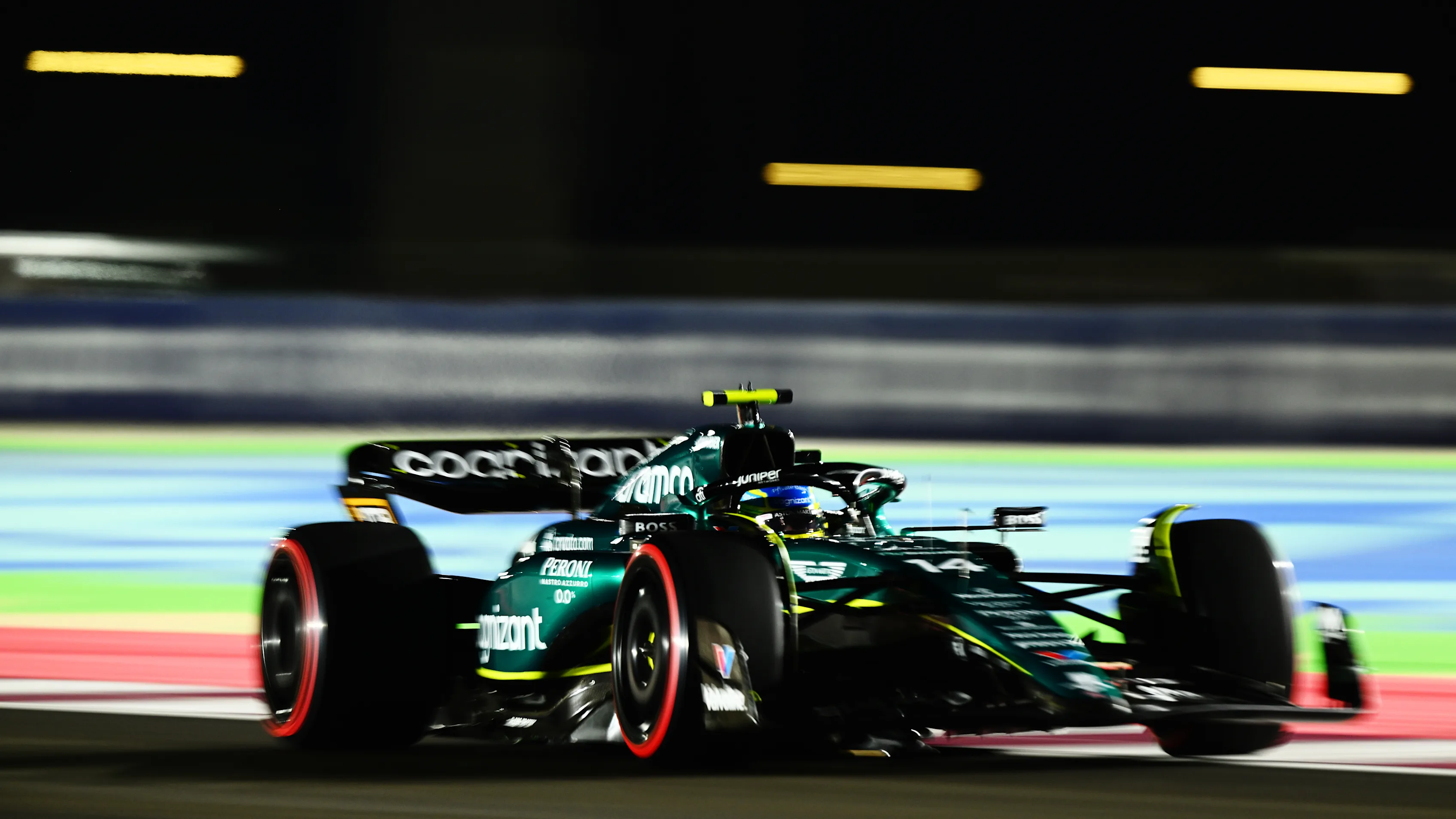 LUSAIL CITY, QATAR - OCTOBER 06: Fernando Alonso of Spain driving the (14) Aston Martin AMR23 Mercedes on track during qualifying ahead of the F1 Grand Prix of Qatar at Lusail International Circuit on October 06, 2023 in Lusail City, Qatar. (Photo by Clive Mason - Formula 1/Formula 1 via Getty Images)