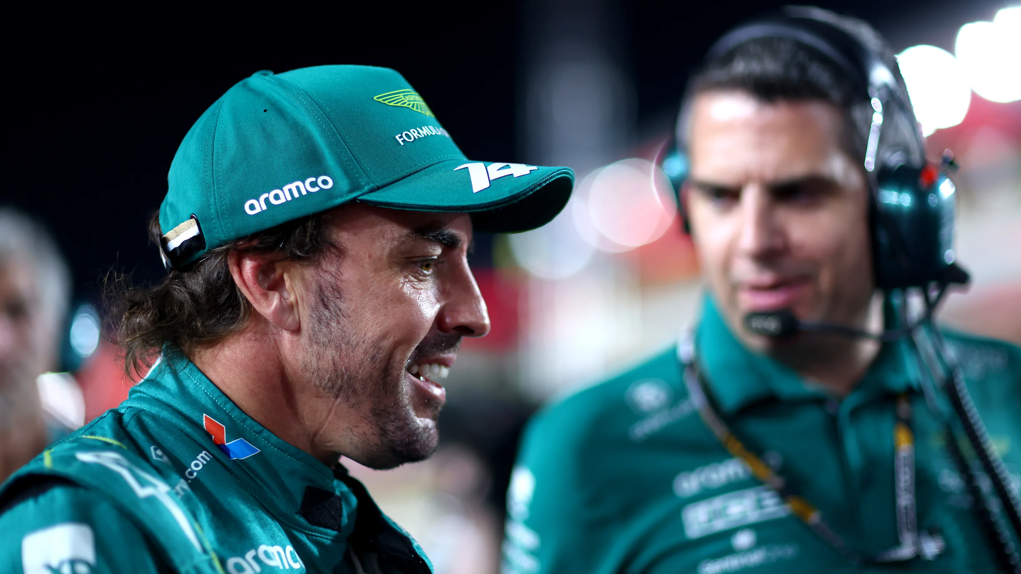 LUSAIL CITY, QATAR - OCTOBER 07: Fernando Alonso of Spain and Aston Martin F1 Team prepares to drive on the grid during the Sprint ahead of the F1 Grand Prix of Qatar at Lusail International Circuit on October 07, 2023 in Lusail City, Qatar. (Photo by Dan Istitene - Formula 1/Formula 1 via Getty Images)