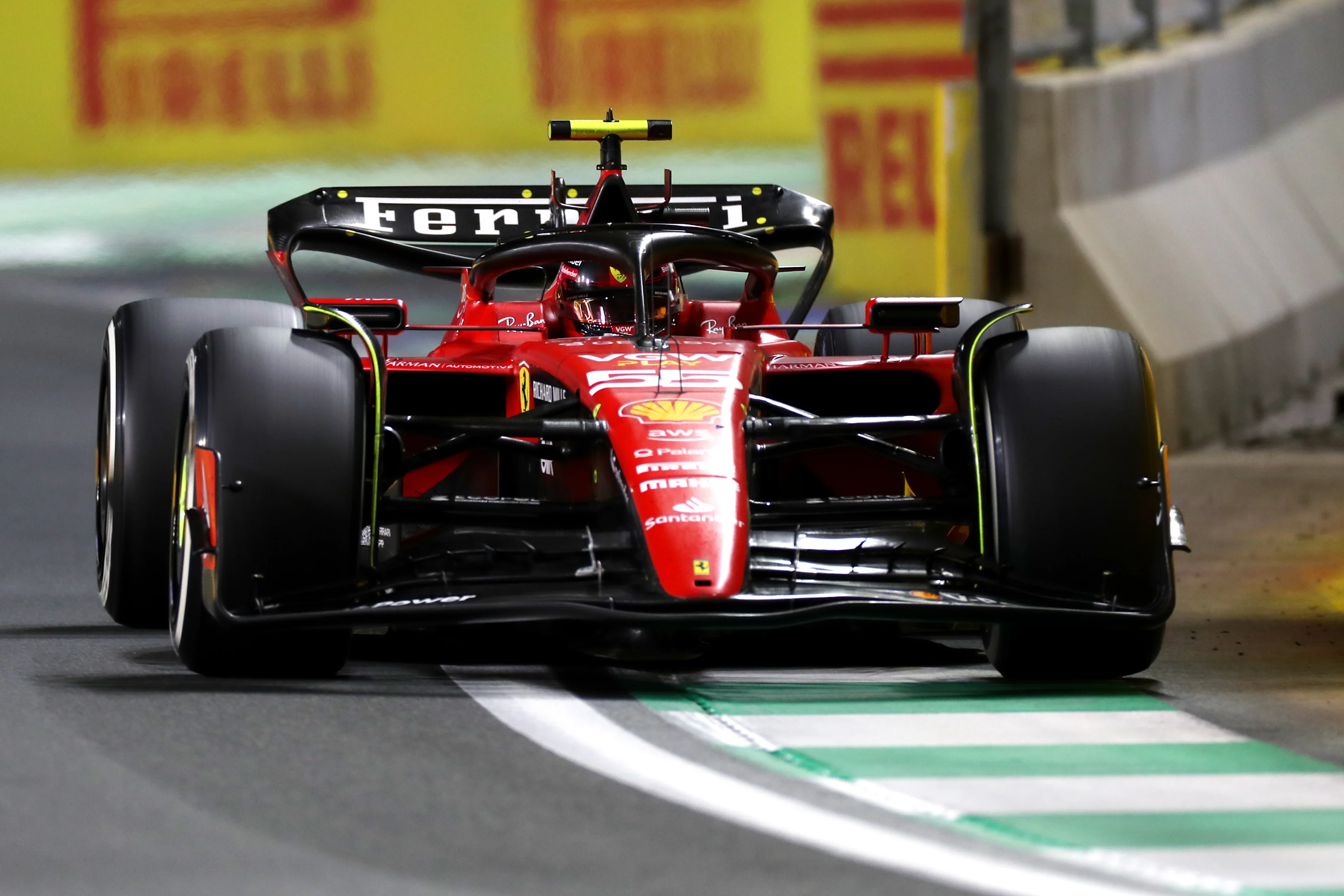JEDDAH, SAUDI ARABIA - MARCH 19: Carlos Sainz of Spain driving (55) the Ferrari SF-23 on track during the F1 Grand Prix of Saudi Arabia at Jeddah Corniche Circuit on March 19, 2023 in Jeddah, Saudi Arabia. (Photo by Peter Fox/Getty Images)