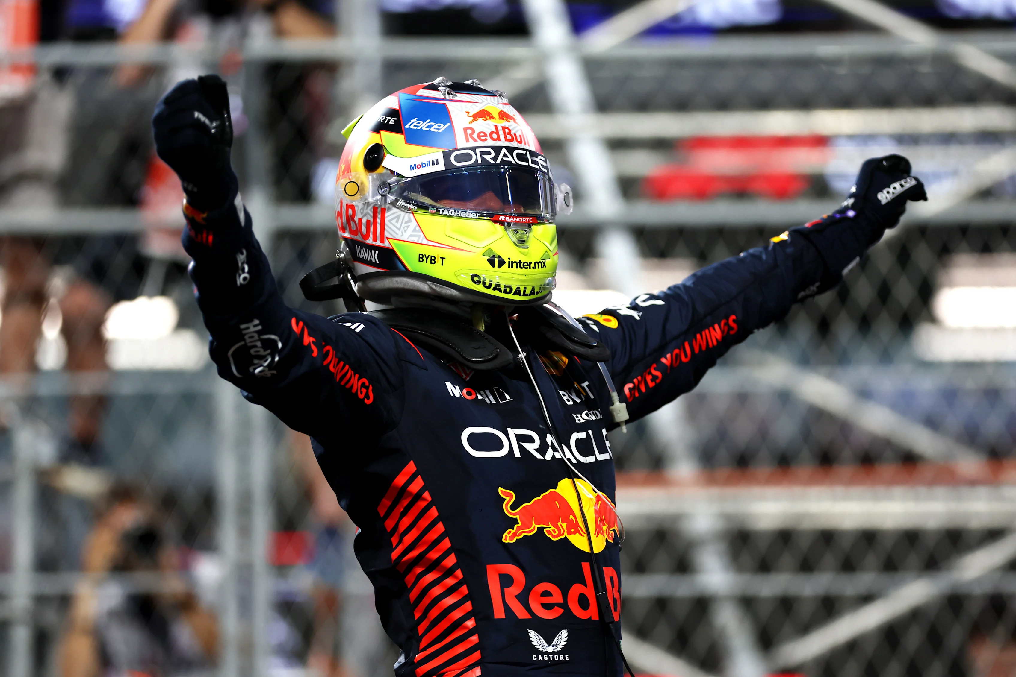 JEDDAH, SAUDI ARABIA - MARCH 19: Race winner Sergio Perez of Mexico and Oracle Red Bull Racing