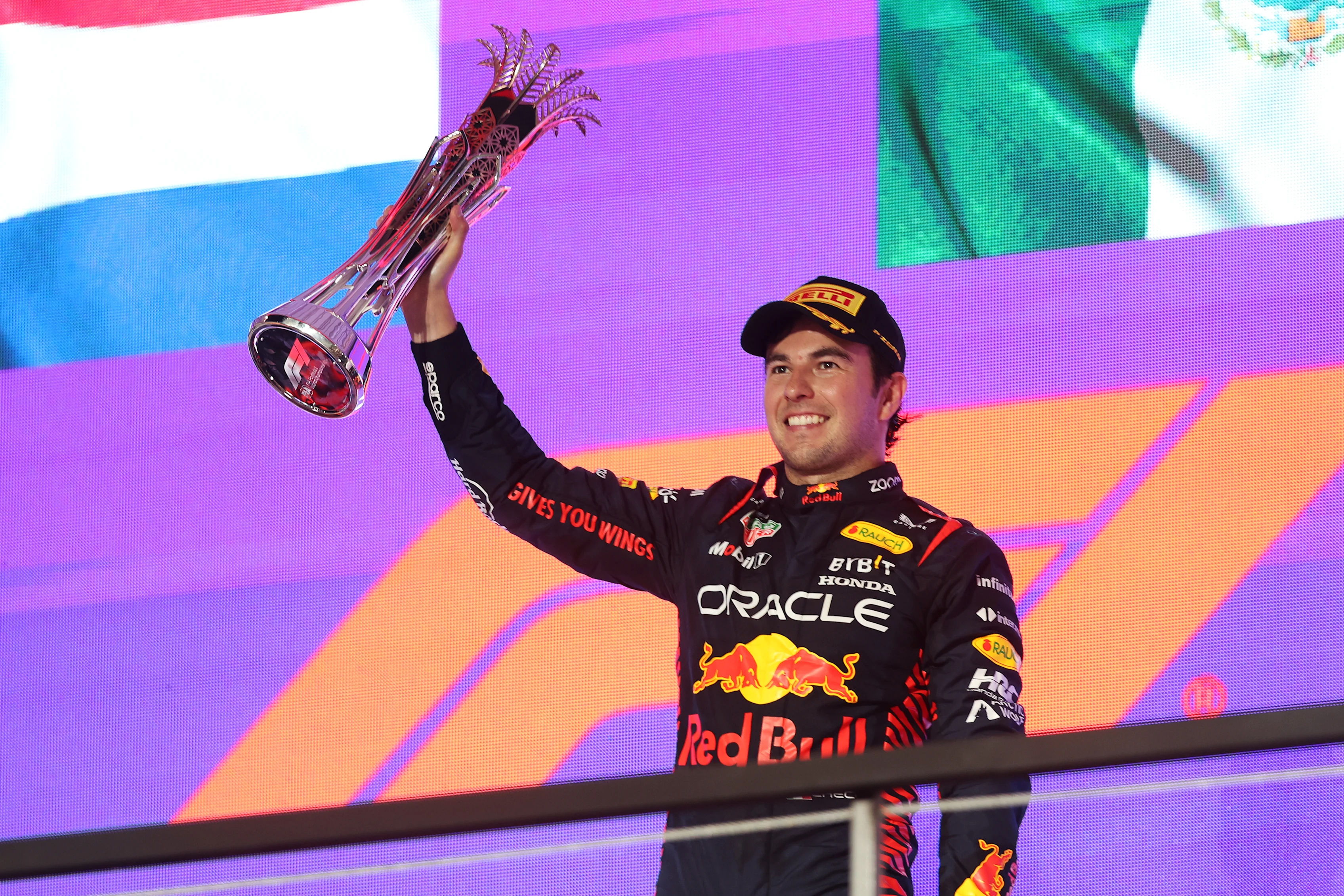 JEDDAH, SAUDI ARABIA - MARCH 19: Race winner Sergio Perez of Mexico and Oracle Red Bull Racing