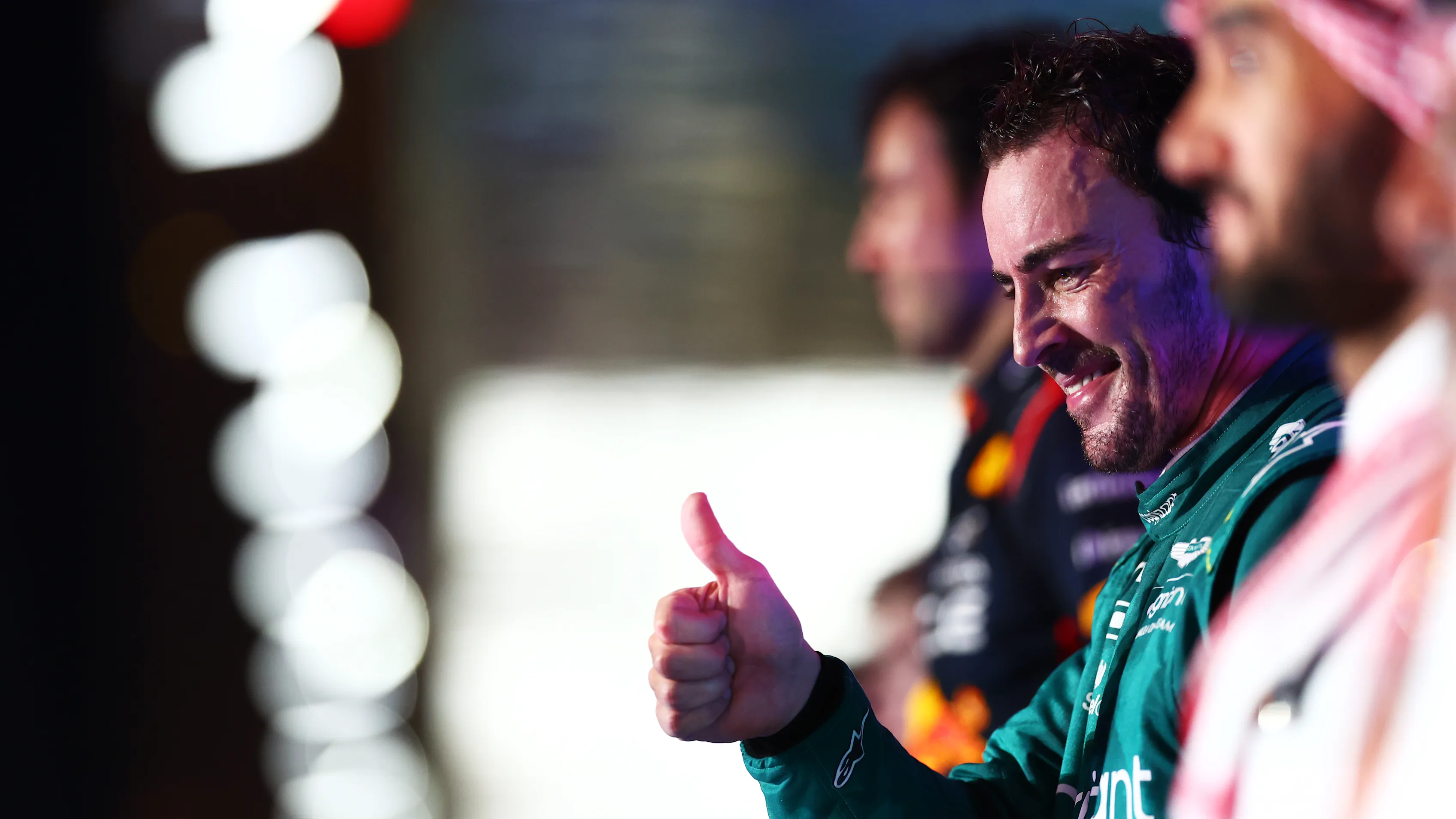 JEDDAH, SAUDI ARABIA - MARCH 19: Third placed Fernando Alonso of Spain and Aston Martin F1 Team celebrates on the podium during the F1 Grand Prix of Saudi Arabia at Jeddah Corniche Circuit on March 19, 2023 in Jeddah, Saudi Arabia. (Photo by Dan Istitene - Formula 1/Formula 1 via Getty Images)
