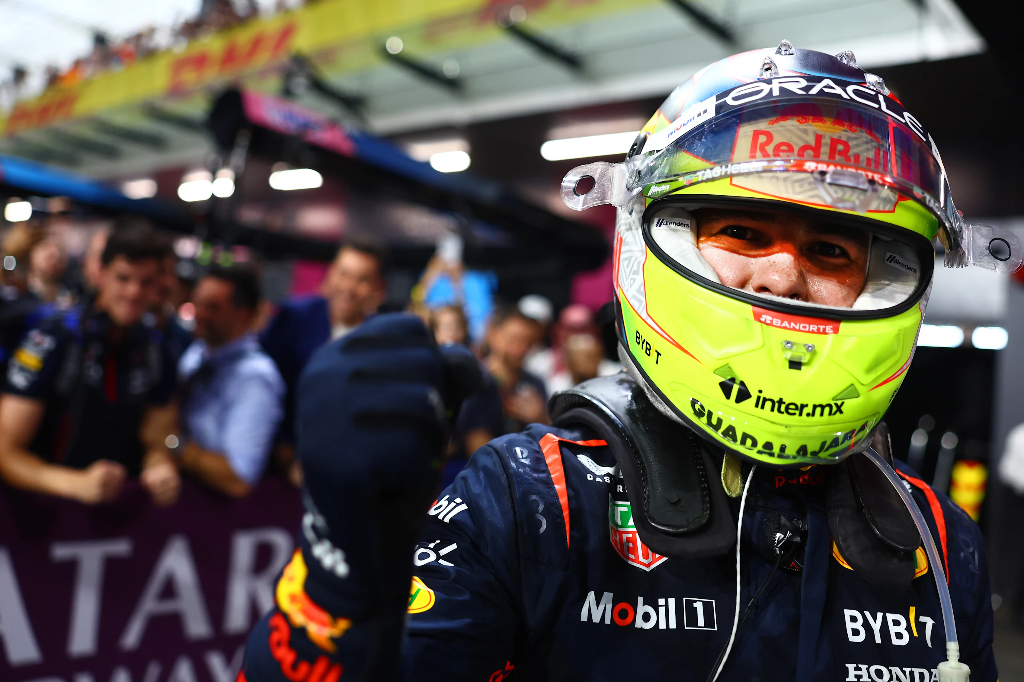 JEDDAH, SAUDI ARABIA - MARCH 19: Race winner Sergio Perez of Mexico and Oracle Red Bull Racing celebrates in parc ferme during the F1 Grand Prix of Saudi Arabia at Jeddah Corniche Circuit on March 19, 2023 in Jeddah, Saudi Arabia. (Photo by Mark Thompson/Getty Images)