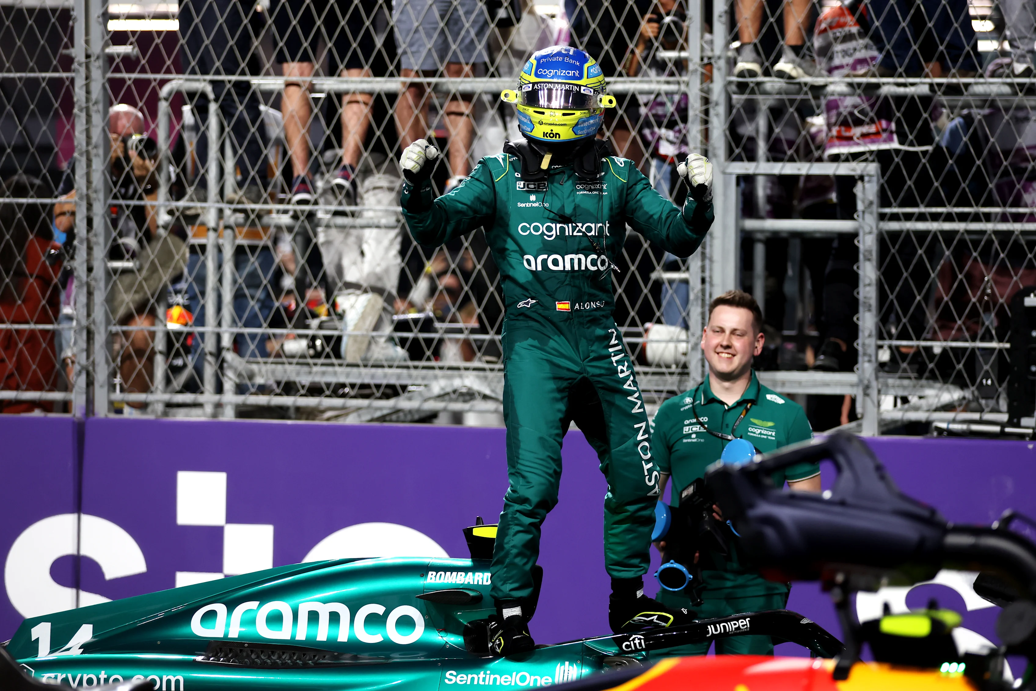 JEDDAH, SAUDI ARABIA - MARCH 19: Third placed Fernando Alonso of Spain and Aston Martin F1 Team