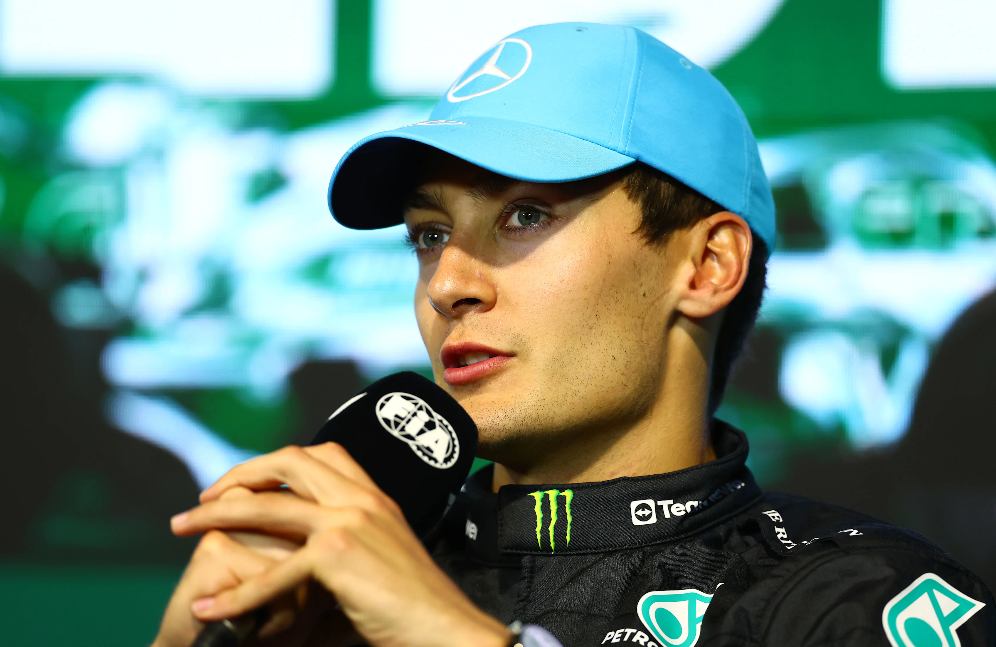 JEDDAH, SAUDI ARABIA - MARCH 19: Third placed George Russell of Great Britain and Mercedes attends