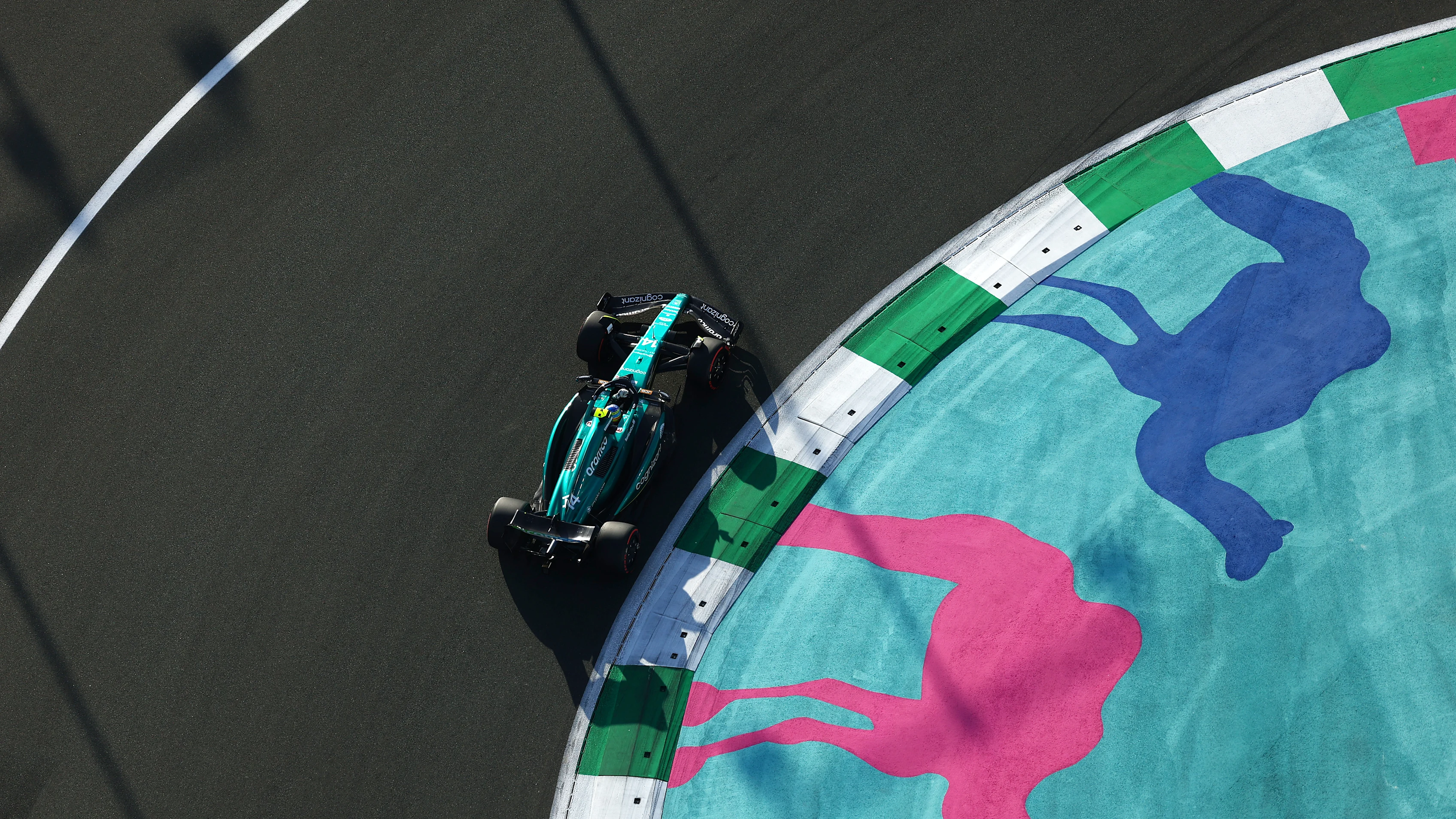JEDDAH, SAUDI ARABIA - MARCH 17: Fernando Alonso of Spain driving the (14) Aston Martin AMR23 Mercedes on track during practice ahead of the F1 Grand Prix of Saudi Arabia at Jeddah Corniche Circuit on March 17, 2023 in Jeddah, Saudi Arabia. (Photo by Bryn Lennon - Formula 1/Formula 1 via Getty Images)