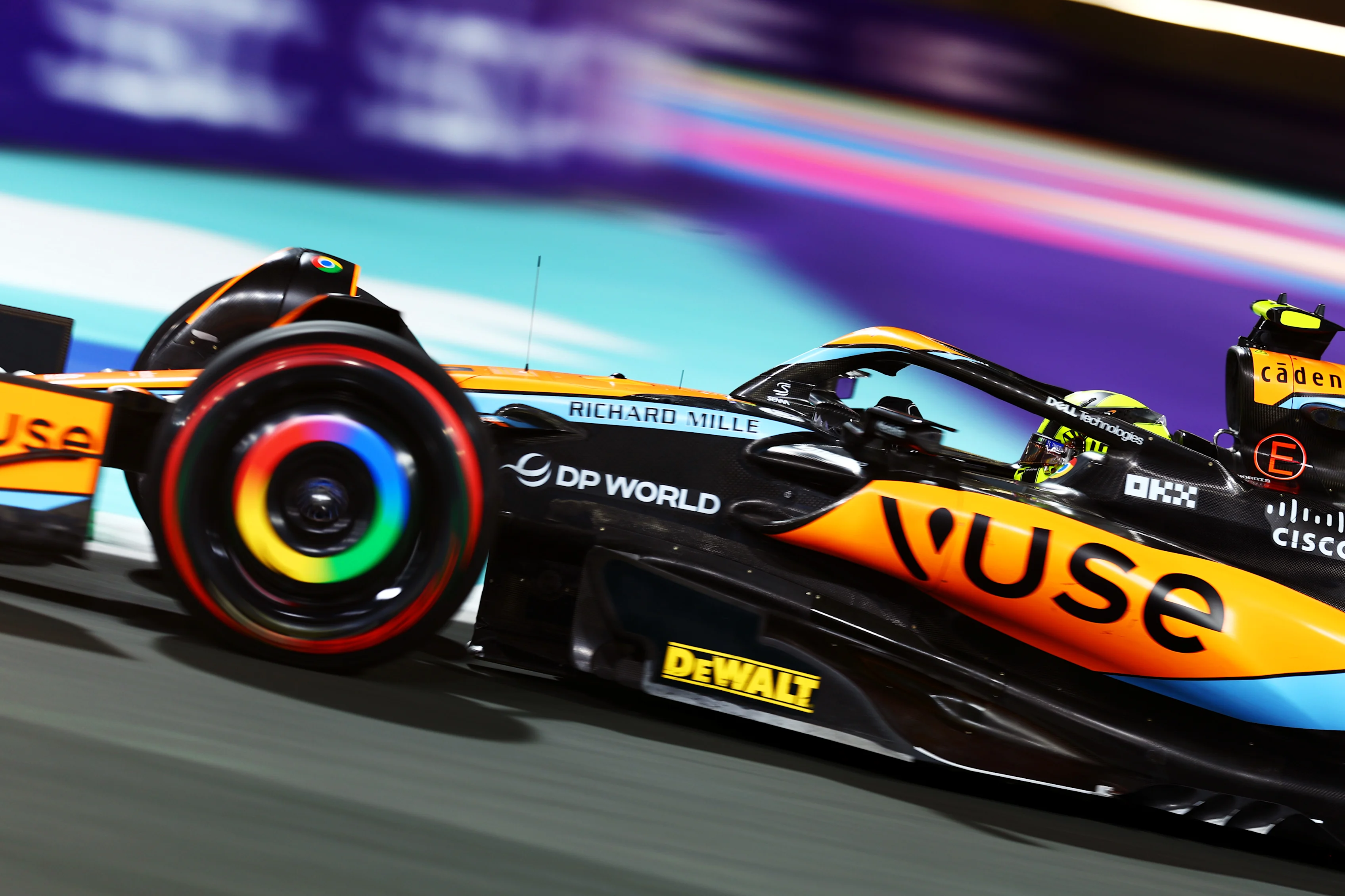 JEDDAH, SAUDI ARABIA - MARCH 17: Lando Norris of Great Britain driving the (4) McLaren MCL60 Mercedes on track during practice ahead of the F1 Grand Prix of Saudi Arabia at Jeddah Corniche Circuit on March 17, 2023 in Jeddah, Saudi Arabia. (Photo by Dan Istitene - Formula 1/Formula 1 via Getty Images)