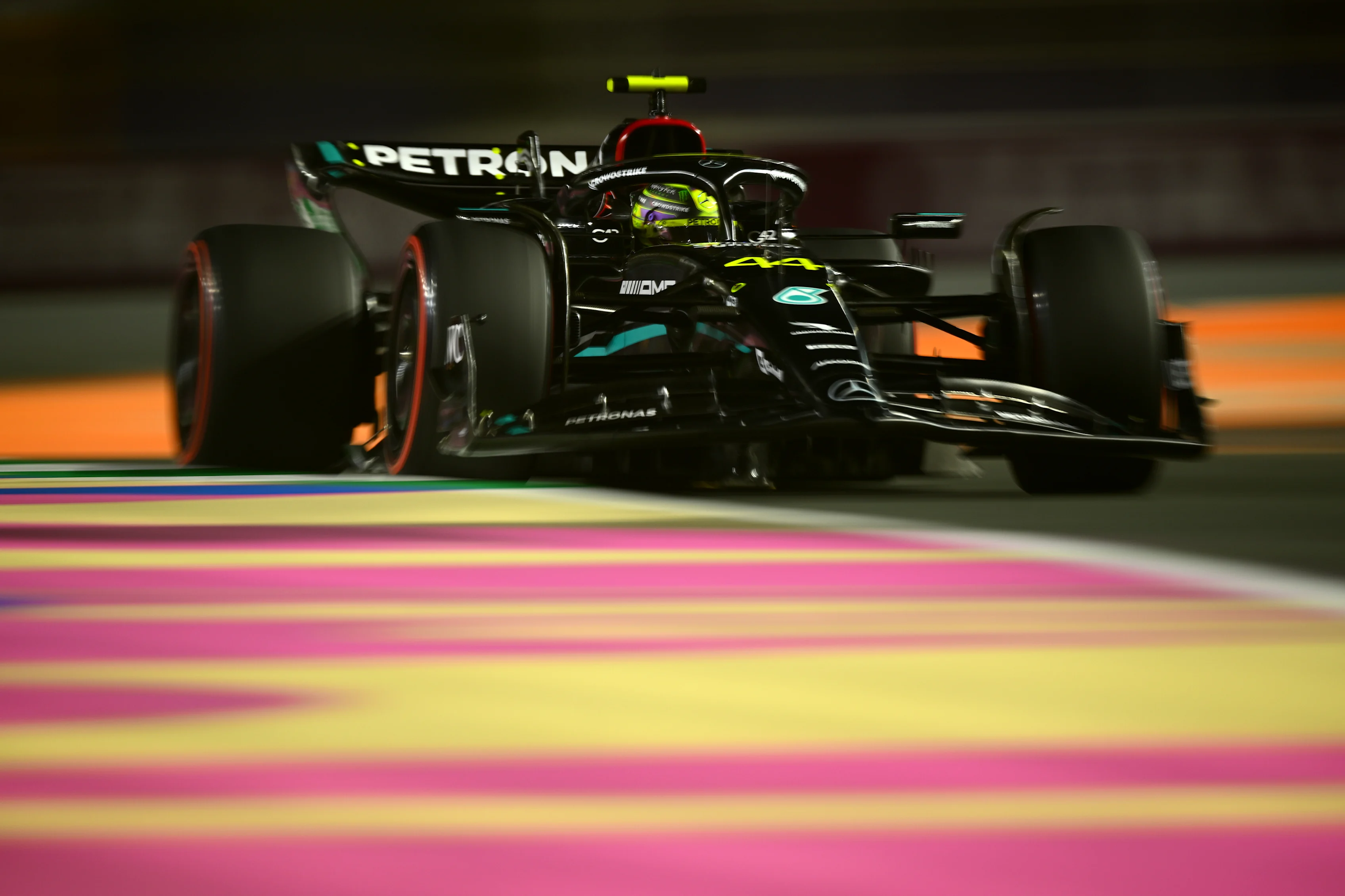 JEDDAH, SAUDI ARABIA - MARCH 18: Lewis Hamilton of Great Britain driving the (44) Mercedes AMG Petronas F1 Team W14 on track during qualifying ahead of the F1 Grand Prix of Saudi Arabia at Jeddah Corniche Circuit on March 18, 2023 in Jeddah, Saudi Arabia. (Photo by Clive Mason/Getty Images)