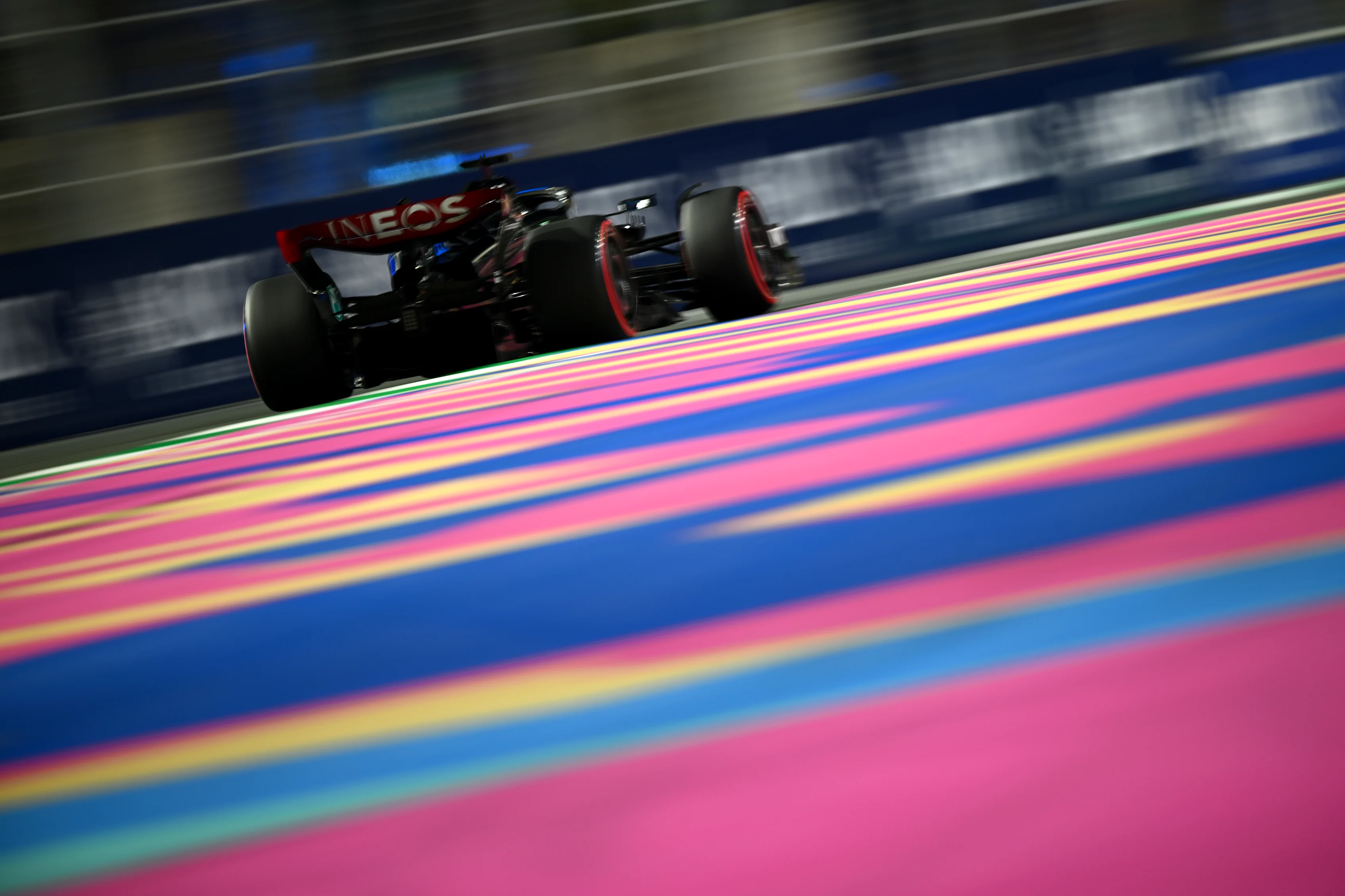 JEDDAH, SAUDI ARABIA - MARCH 18: George Russell of Great Britain driving the (63) Mercedes AMG