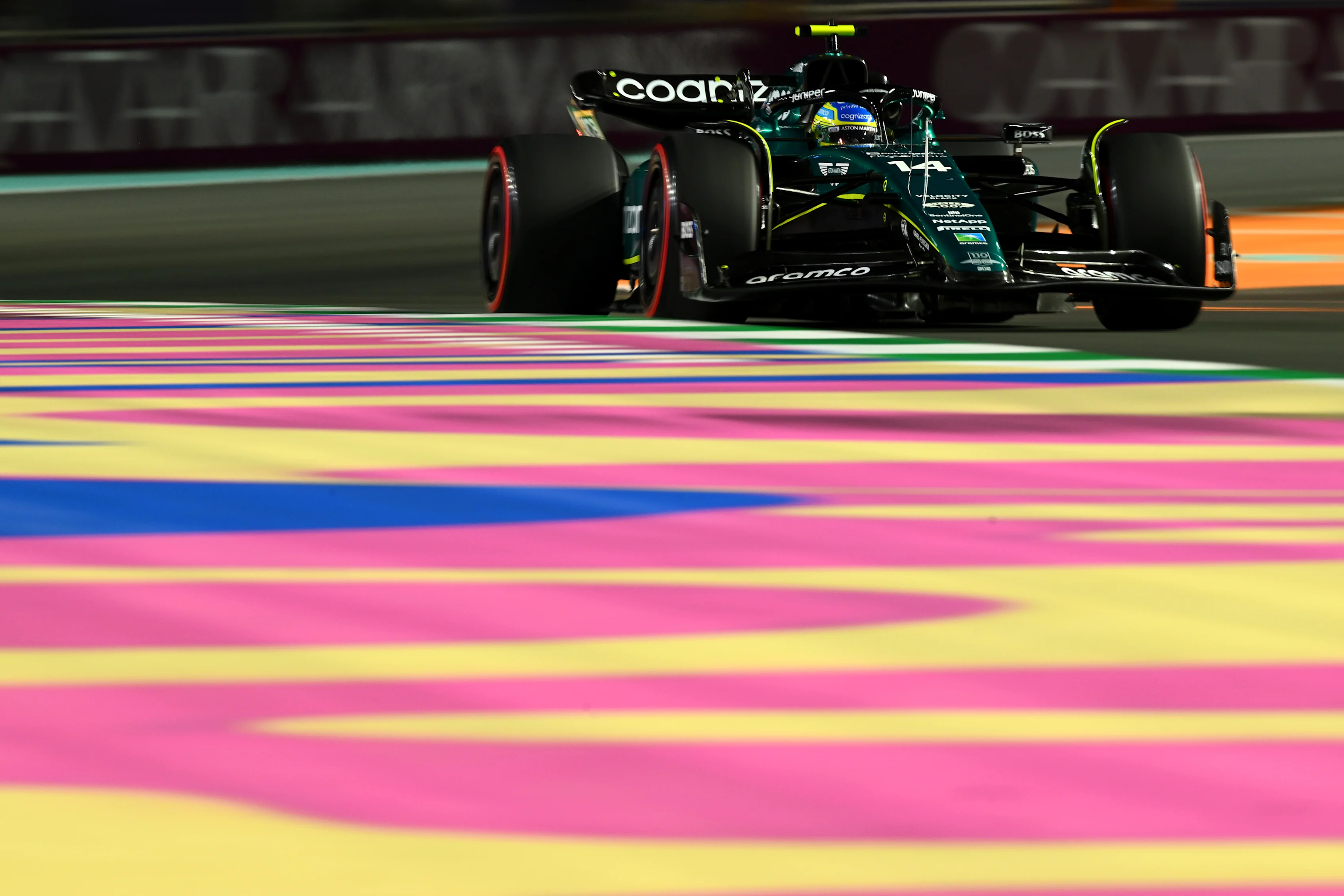 JEDDAH, SAUDI ARABIA - MARCH 18: Fernando Alonso of Spain driving the (14) Aston Martin AMR23