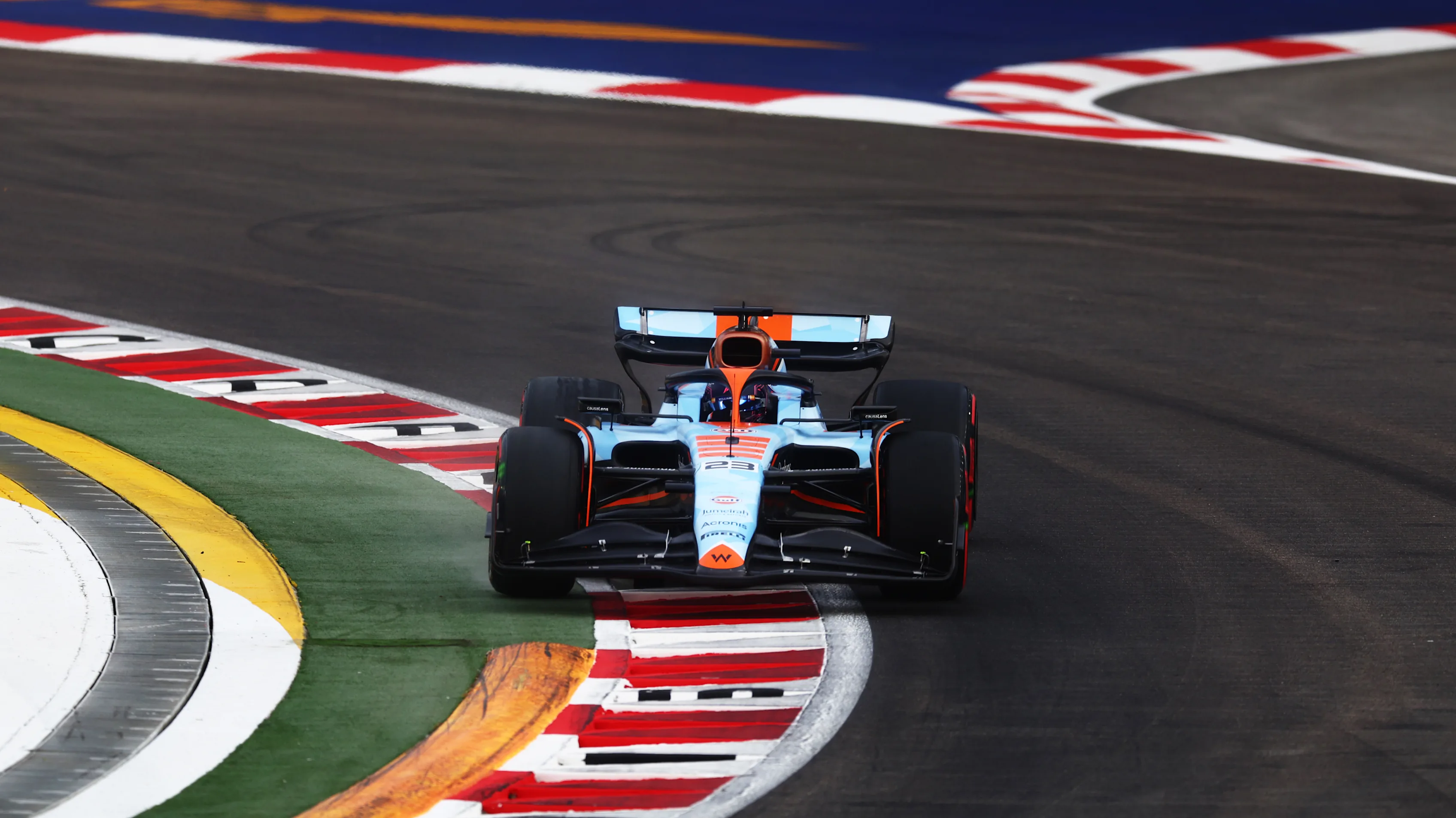 SINGAPORE, SINGAPORE - SEPTEMBER 15: Alexander Albon of Thailand driving the (23) Williams FW45 Mercedes on track during practice ahead of the F1 Grand Prix of Singapore at Marina Bay Street Circuit on September 15, 2023 in Singapore, Singapore. (Photo by Bryn Lennon - Formula 1/Formula 1 via Getty Images)