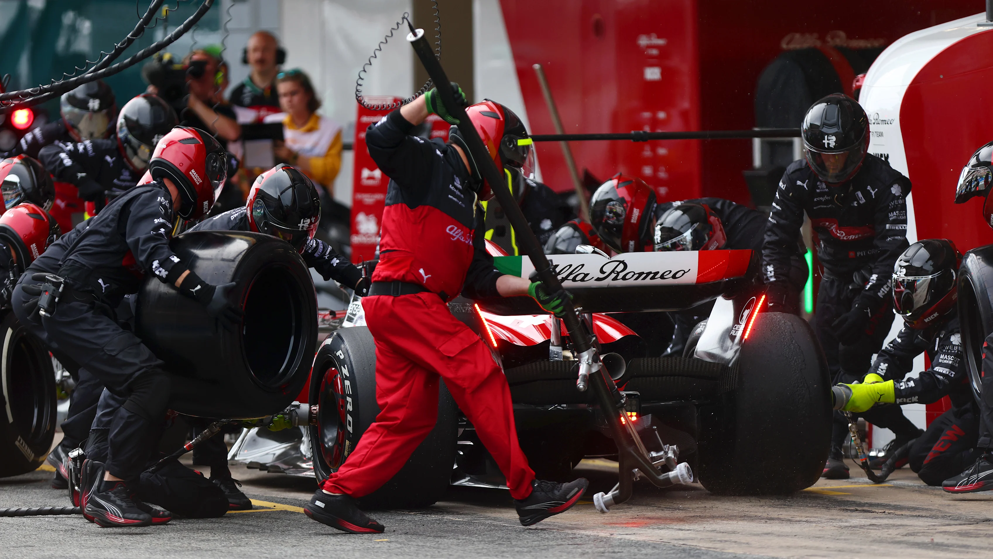 BARCELONA, SPAIN - JUNE 04: Zhou Guanyu of China driving the (24) Alfa Romeo F1 C43 Ferrari makes a pitstop during the F1 Grand Prix of Spain at Circuit de Barcelona-Catalunya on June 04, 2023 in Barcelona, Spain. (Photo by Dan Istitene - Formula 1/Formula 1 via Getty Images)