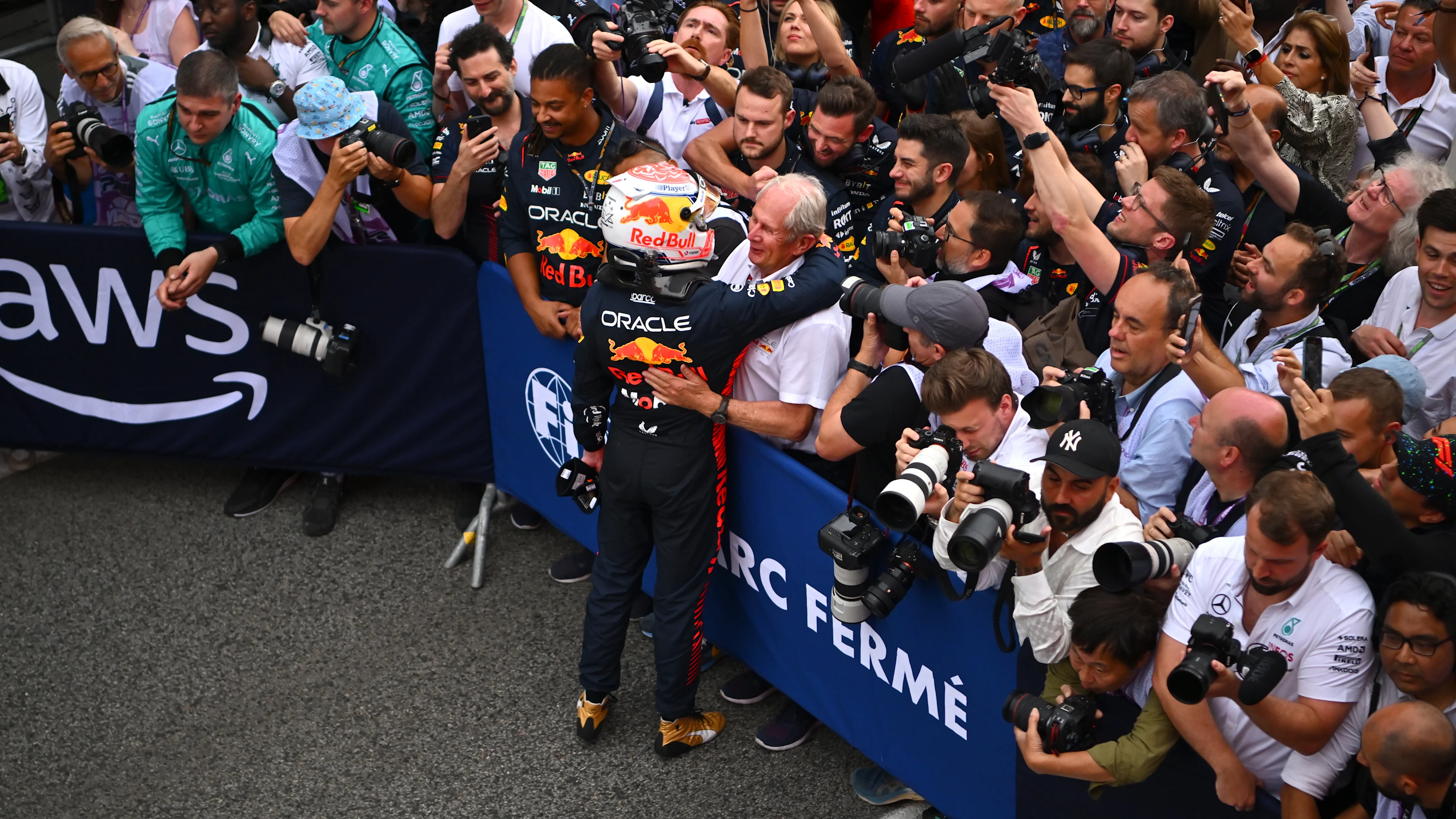 BARCELONA, SPAIN - JUNE 04: Race winner Max Verstappen of the Netherlands and Oracle Red Bull Racing celebrates with Red Bull Racing Team Consultant Dr Helmut Marko in parc ferme during the F1 Grand Prix of Spain at Circuit de Barcelona-Catalunya on June 04, 2023 in Barcelona, Spain. (Photo by Dan Mullan - Formula 1/Formula 1 via Getty Images)