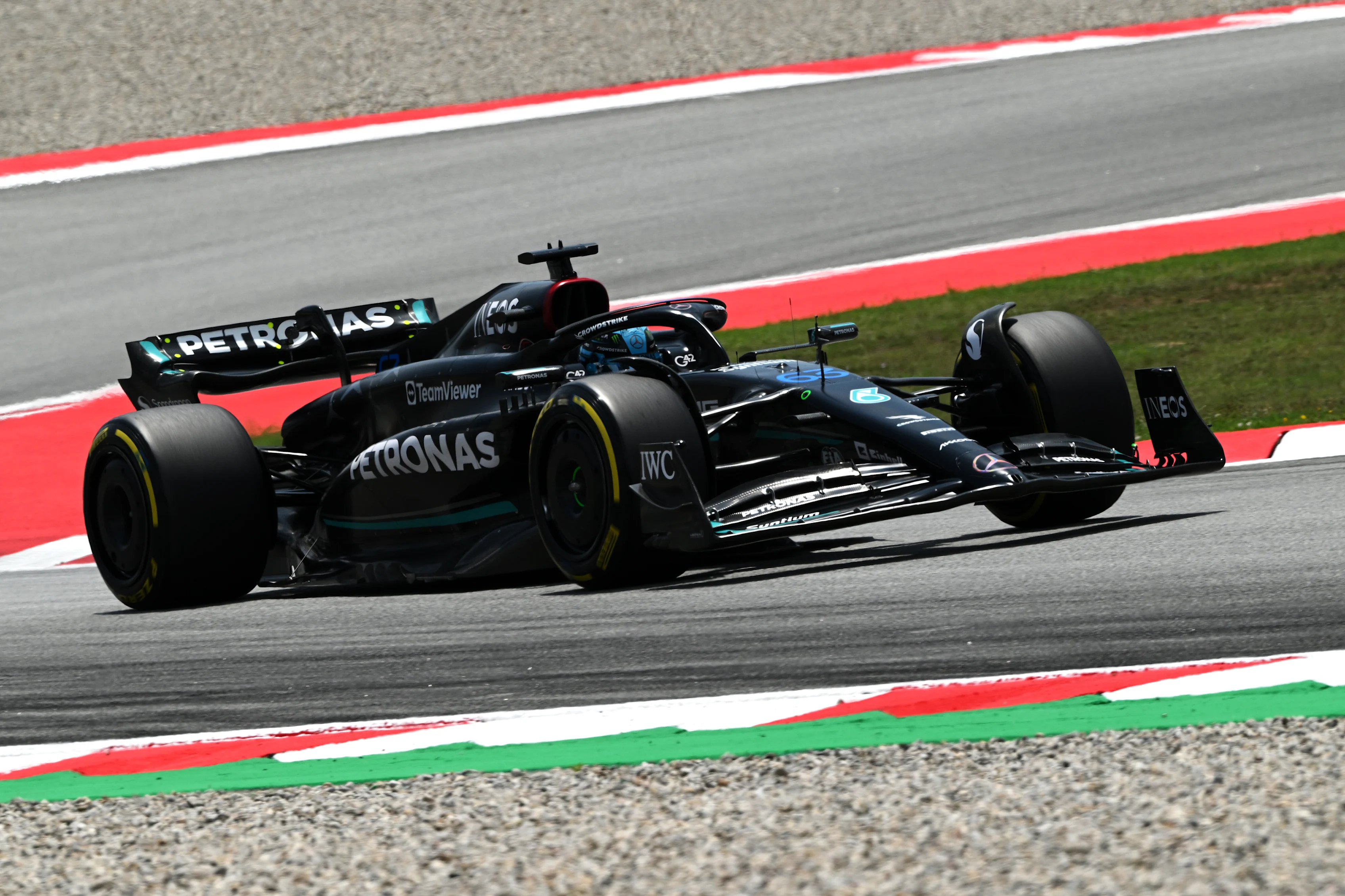 BARCELONA, SPAIN - JUNE 02: George Russell of Great Britain driving the (63) Mercedes AMG Petronas F1 Team W14 on track during practice ahead of the F1 Grand Prix of Spain at Circuit de Barcelona-Catalunya on June 02, 2023 in Barcelona, Spain. (Photo by David Ramos/Getty Images)