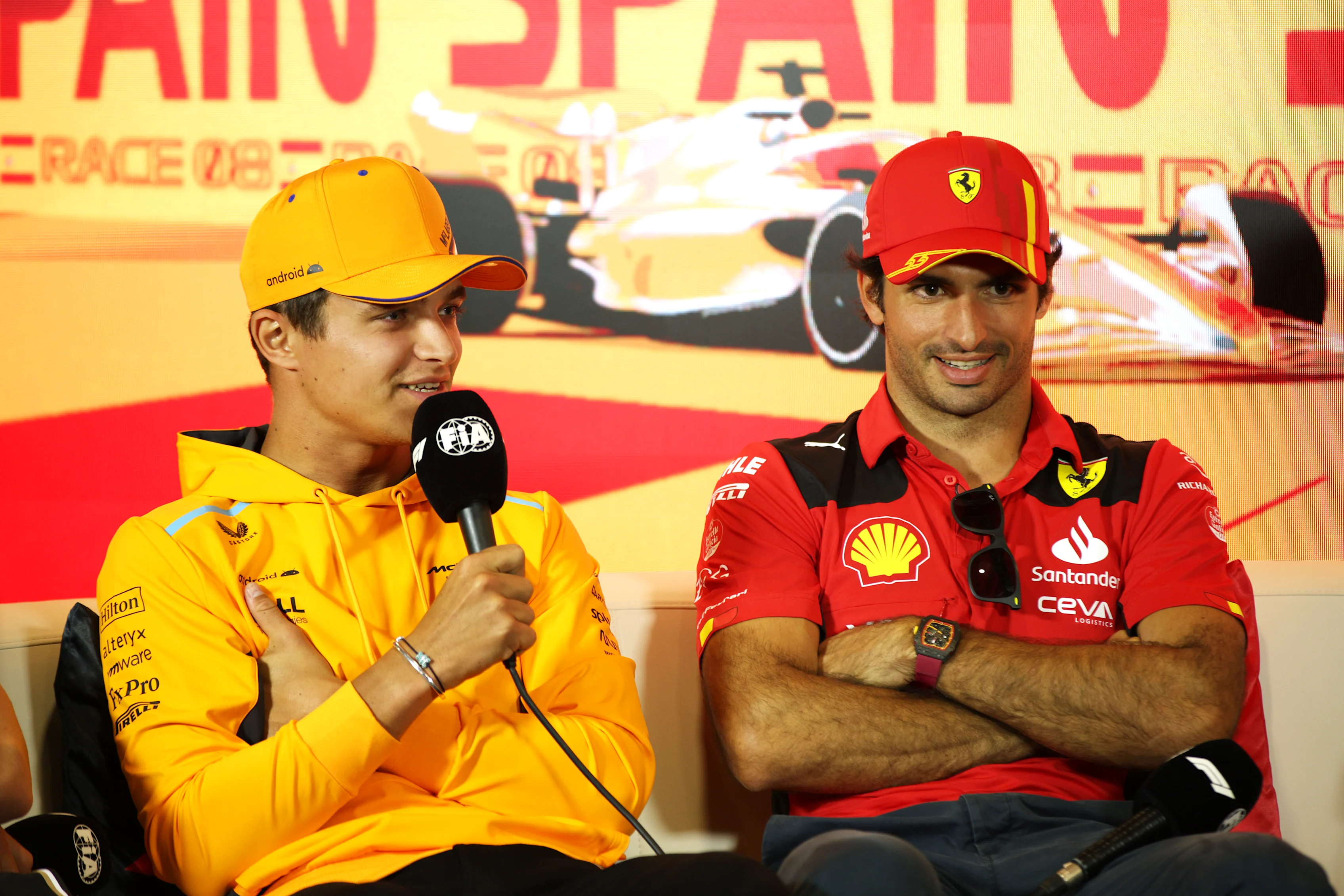 BARCELONA, SPAIN - JUNE 01: Lando Norris of Great Britain and McLaren and Carlos Sainz of Spain and Ferrari attend the Drivers Press Conference during previews ahead of the F1 Grand Prix of Spain at Circuit de Barcelona-Catalunya on June 01, 2023 in Barcelona, Spain. (Photo by Adam Pretty/Getty Images)