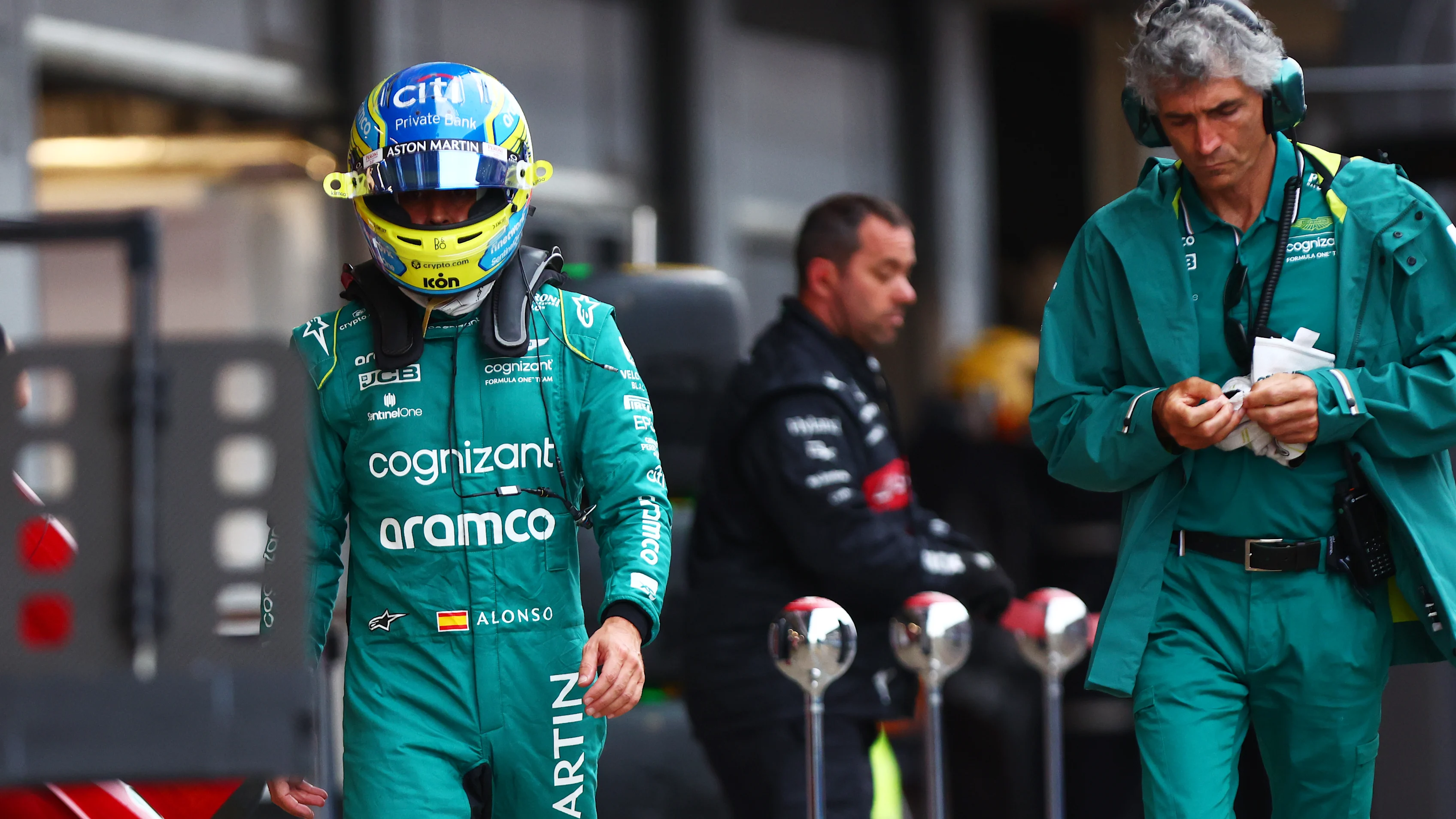 BARCELONA, SPAIN - JUNE 03: Fernando Alonso of Spain and Aston Martin F1 Team walks in the Pitlane