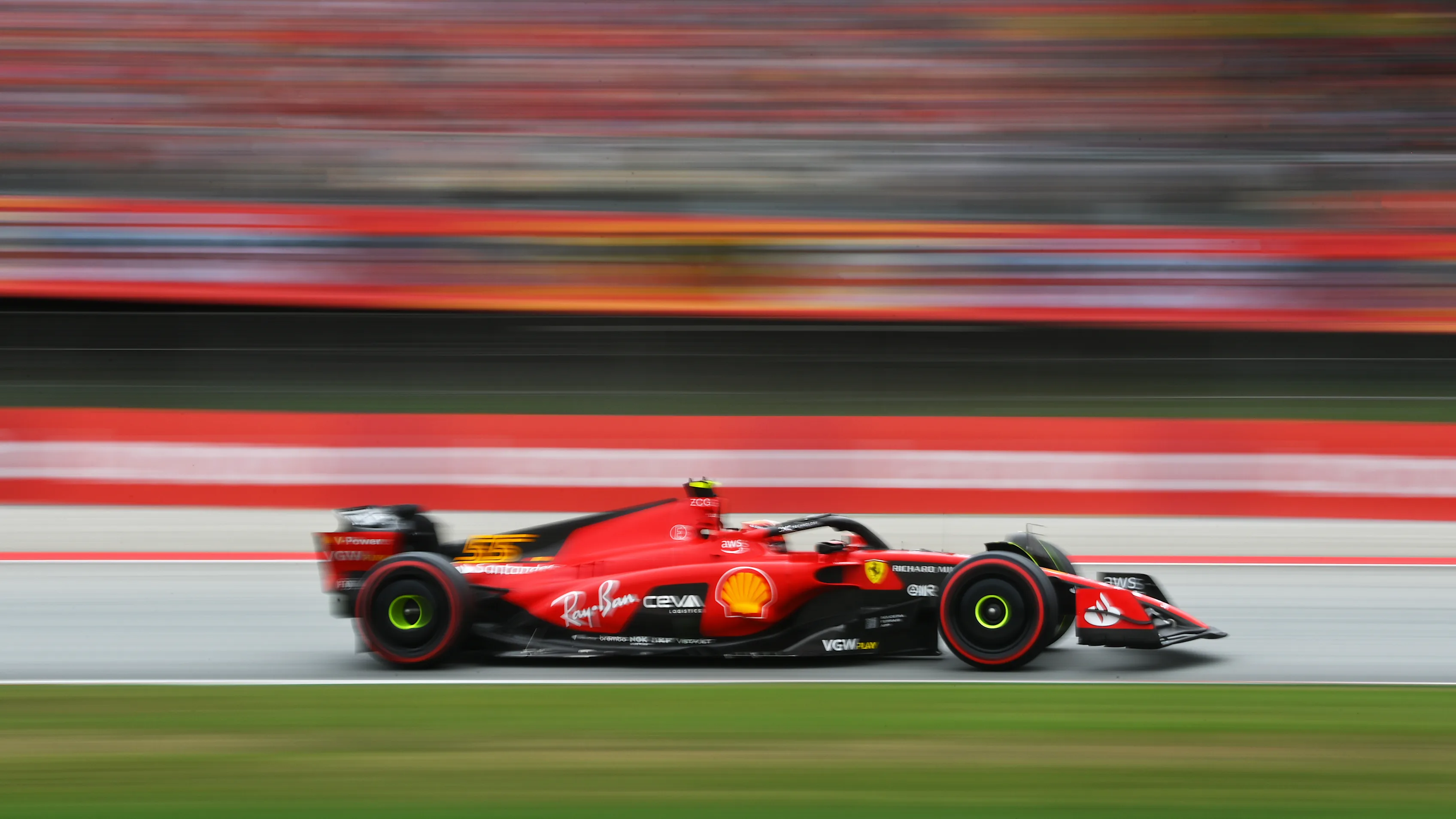 BARCELONA, SPAIN - JUNE 03: Carlos Sainz of Spain driving (55) the Ferrari SF-23 on track during