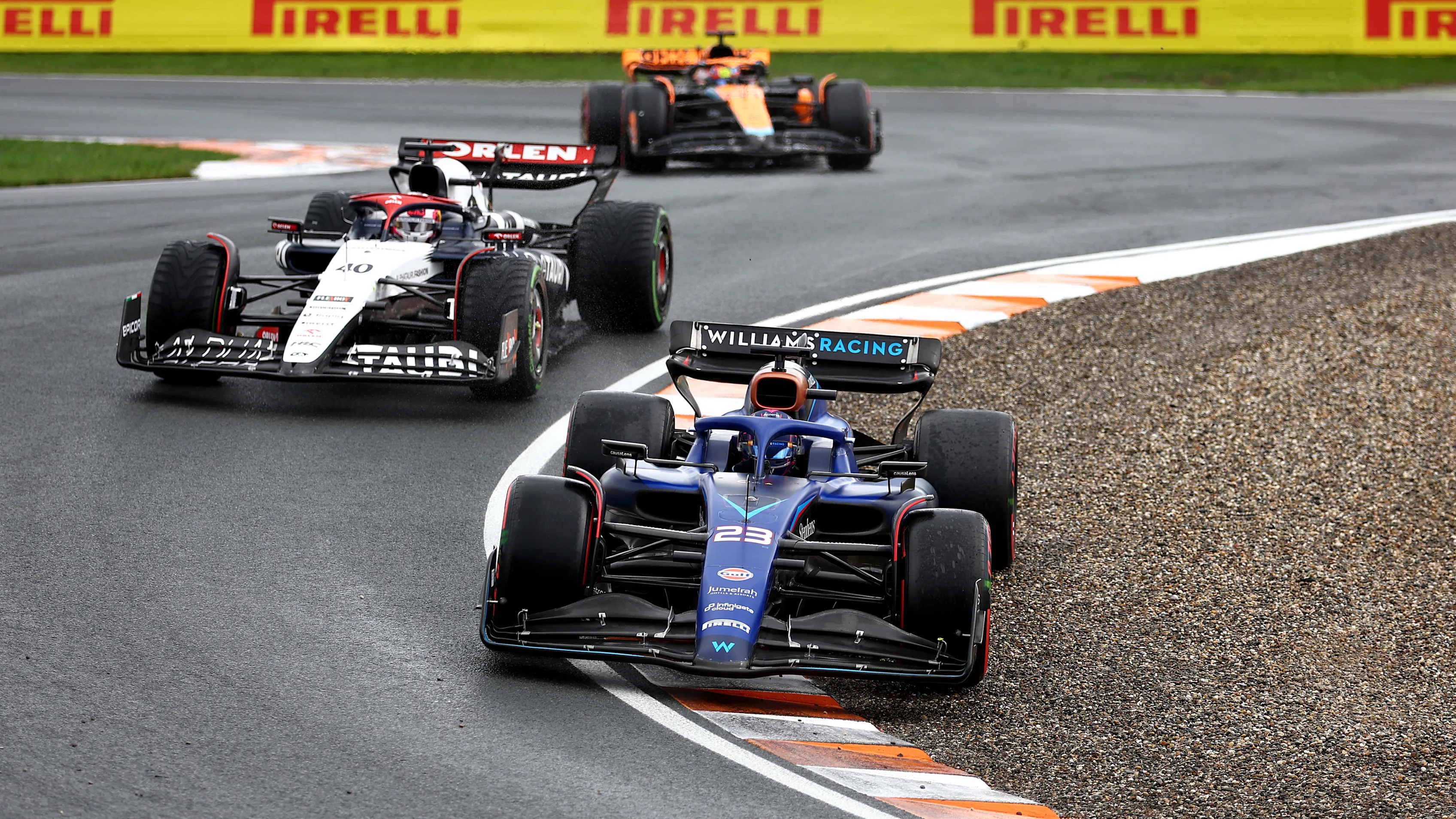 ZANDVOORT, NETHERLANDS - AUGUST 27: Alexander Albon of Thailand driving the (23) Williams FW45 Mercedes runs wide during the F1 Grand Prix of The Netherlands at Circuit Zandvoort on August 27, 2023 in Zandvoort, Netherlands. (Photo by Bryn Lennon - Formula 1/Formula 1 via Getty Images)