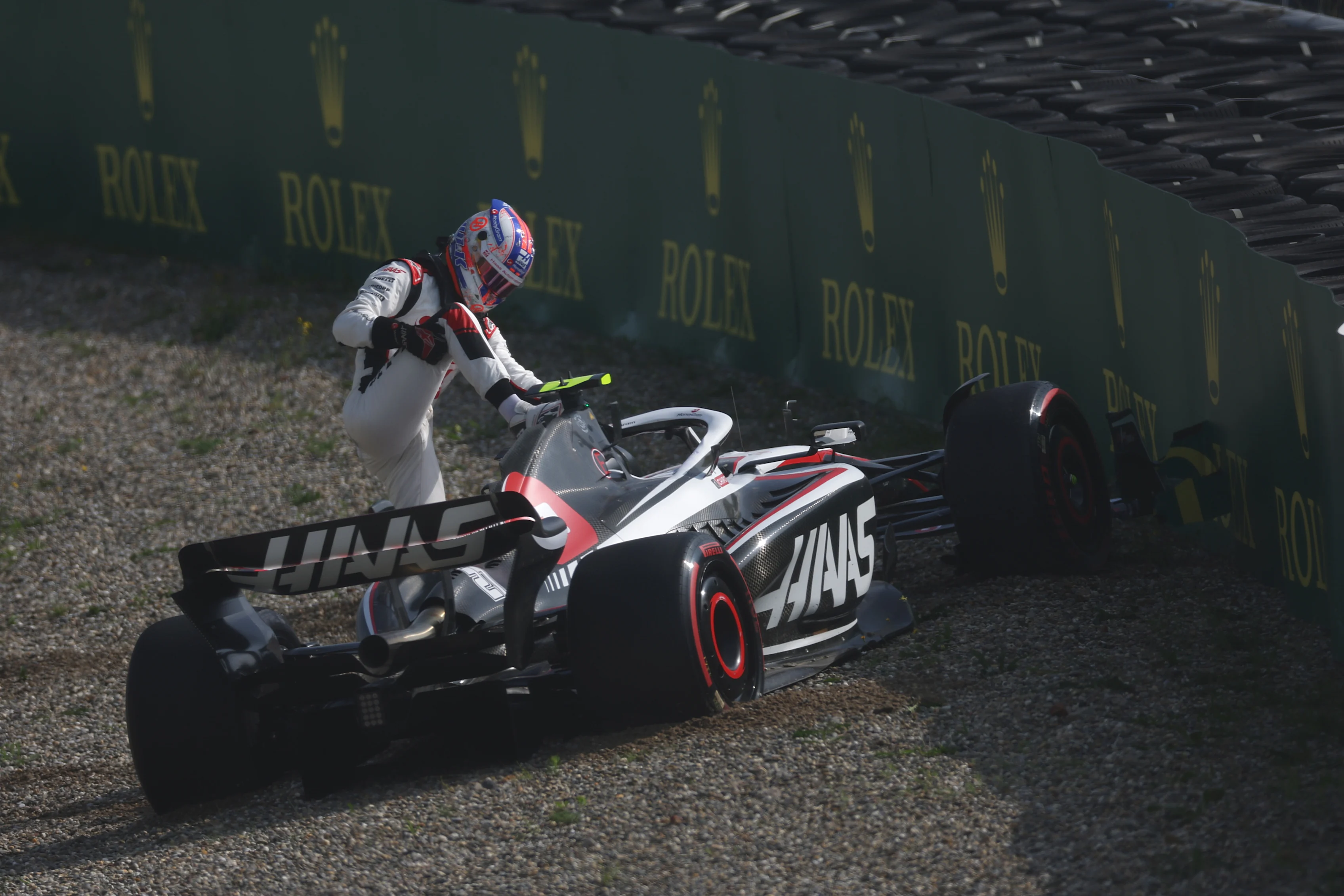 ZANDVOORT, NETHERLANDS - AUGUST 25: Nico Hulkenberg of Germany driving the (27) Haas F1 VF-23 Ferrari stops on track during practice ahead of the F1 Grand Prix of The Netherlands at Circuit Zandvoort on August 25, 2023 in Zandvoort, Netherlands. (Photo by Lars Baron/Getty Images)