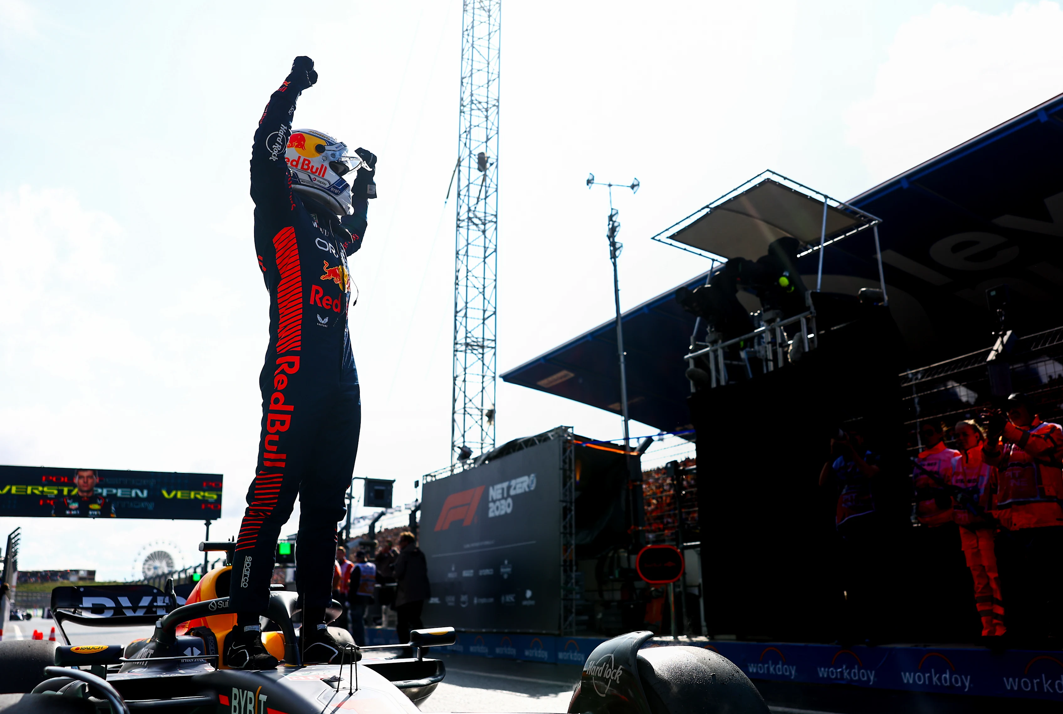 ZANDVOORT, NETHERLANDS - AUGUST 26: Pole position qualifier Max Verstappen of the Netherlands and Oracle Red Bull Racing celebrates in parc ferme during qualifying ahead of the F1 Grand Prix of The Netherlands at Circuit Zandvoort on August 26, 2023 in Zandvoort, Netherlands. (Photo by Mark Thompson/Getty Images)