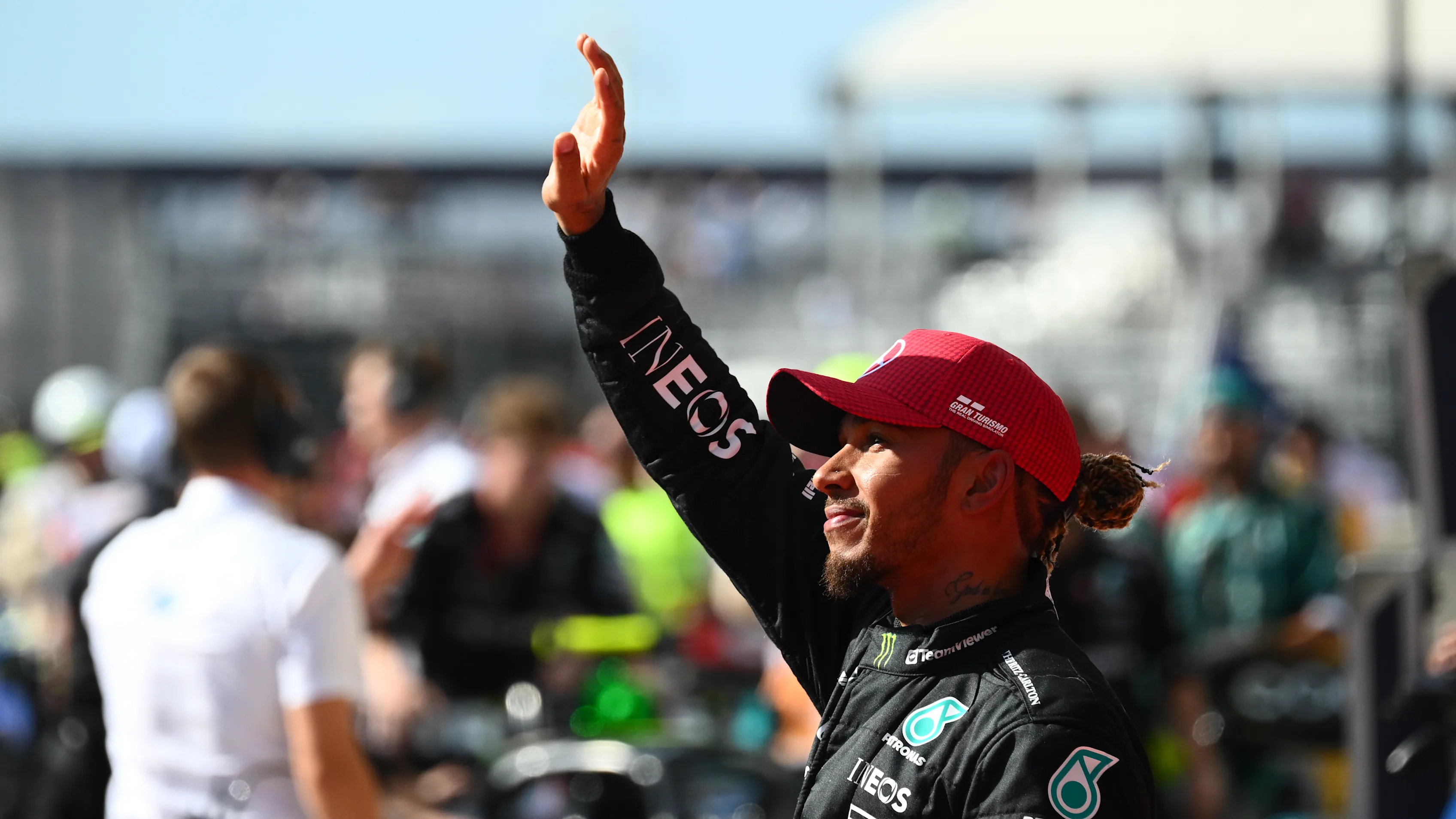 AUSTIN, TEXAS - OCTOBER 22: Second placed Lewis Hamilton of Great Britain and Mercedes looks on in