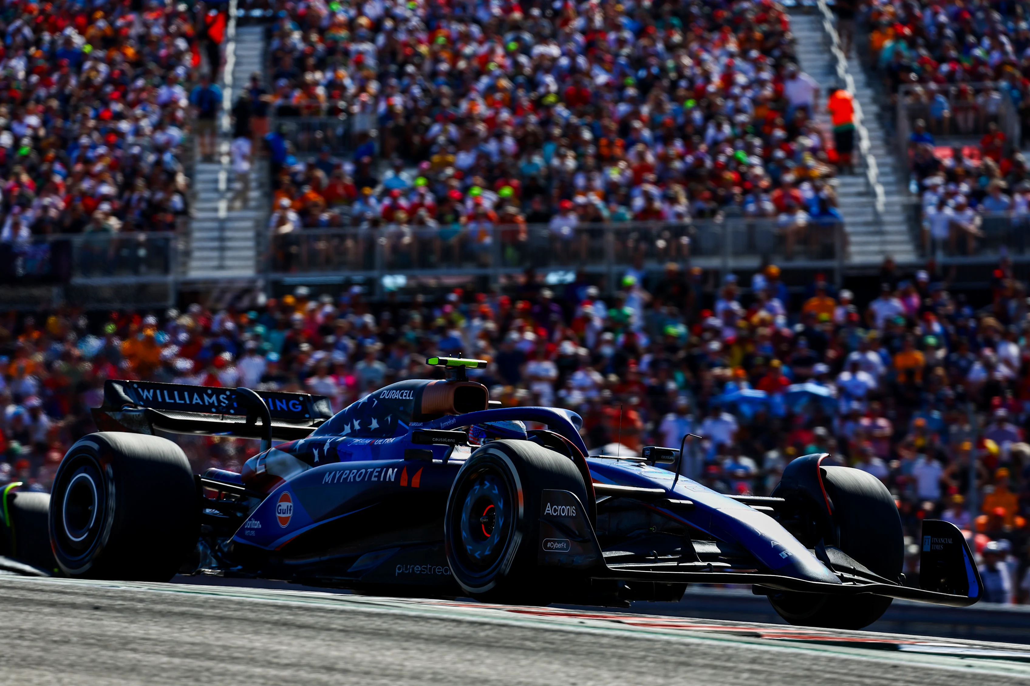 AUSTIN, TEXAS - OCTOBER 22: Logan Sargeant of United States driving the (2) Williams FW45 Mercedes
